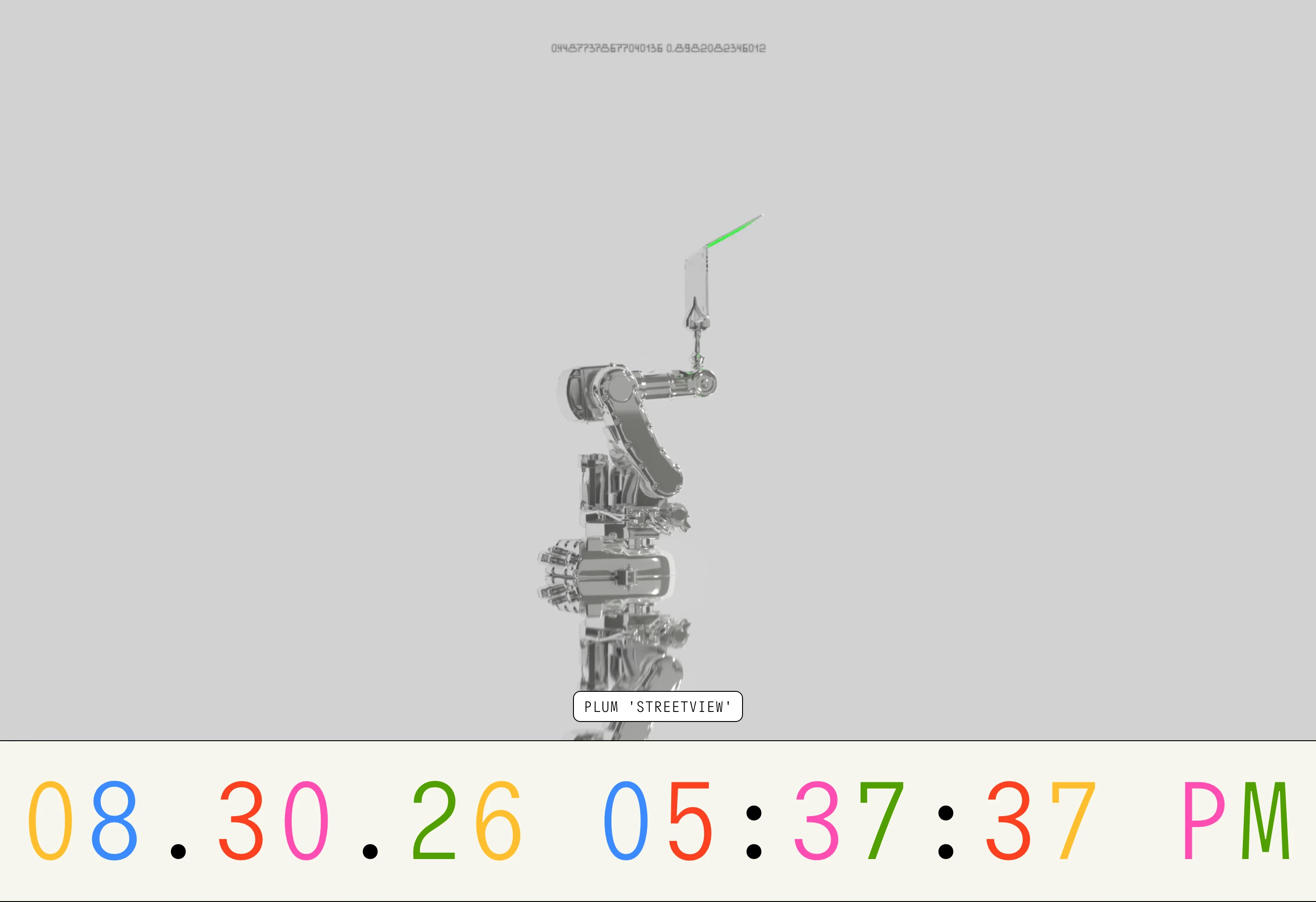 Experimental and sterile 3D artifact showcase floating in neutral grey space, anchored by a multi-colored digital timestamp.