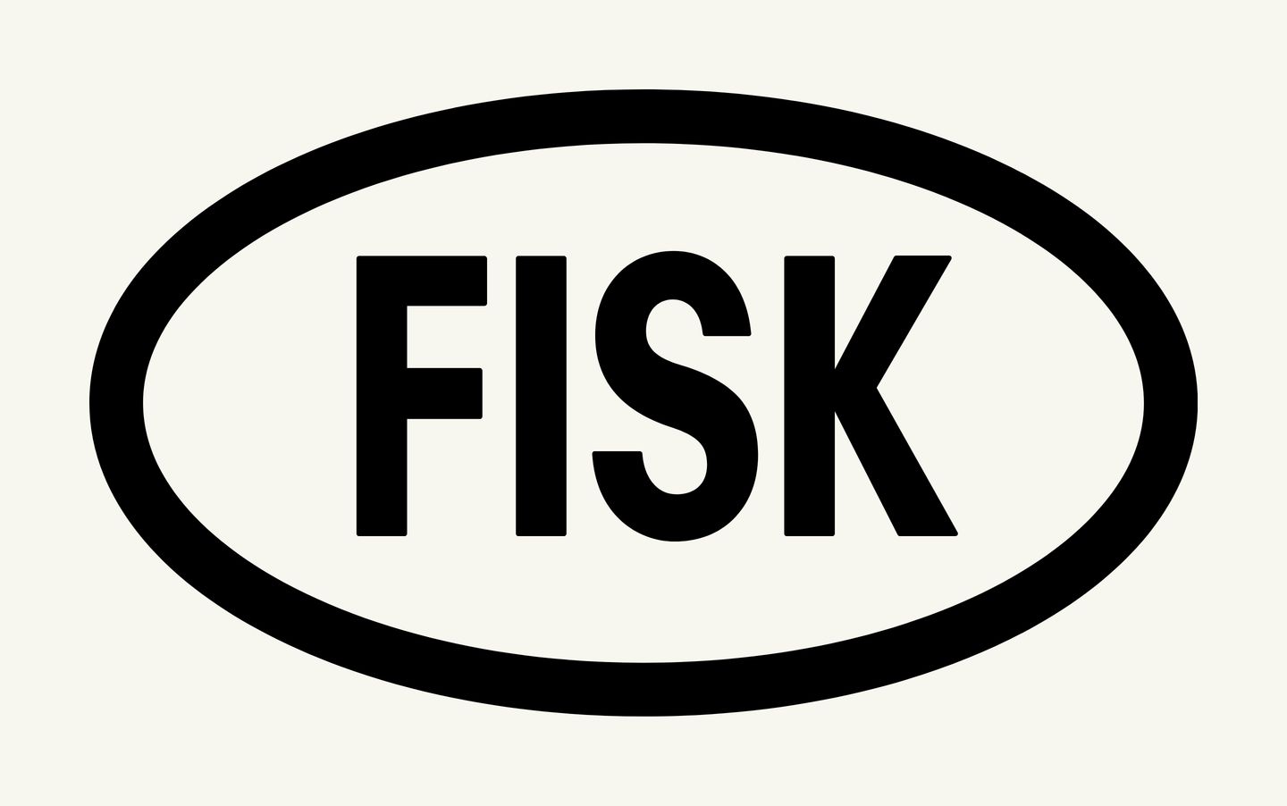 A stark graphic emblem featuring bold black typography framed inside an oval sticker badge against a warm ecru background.