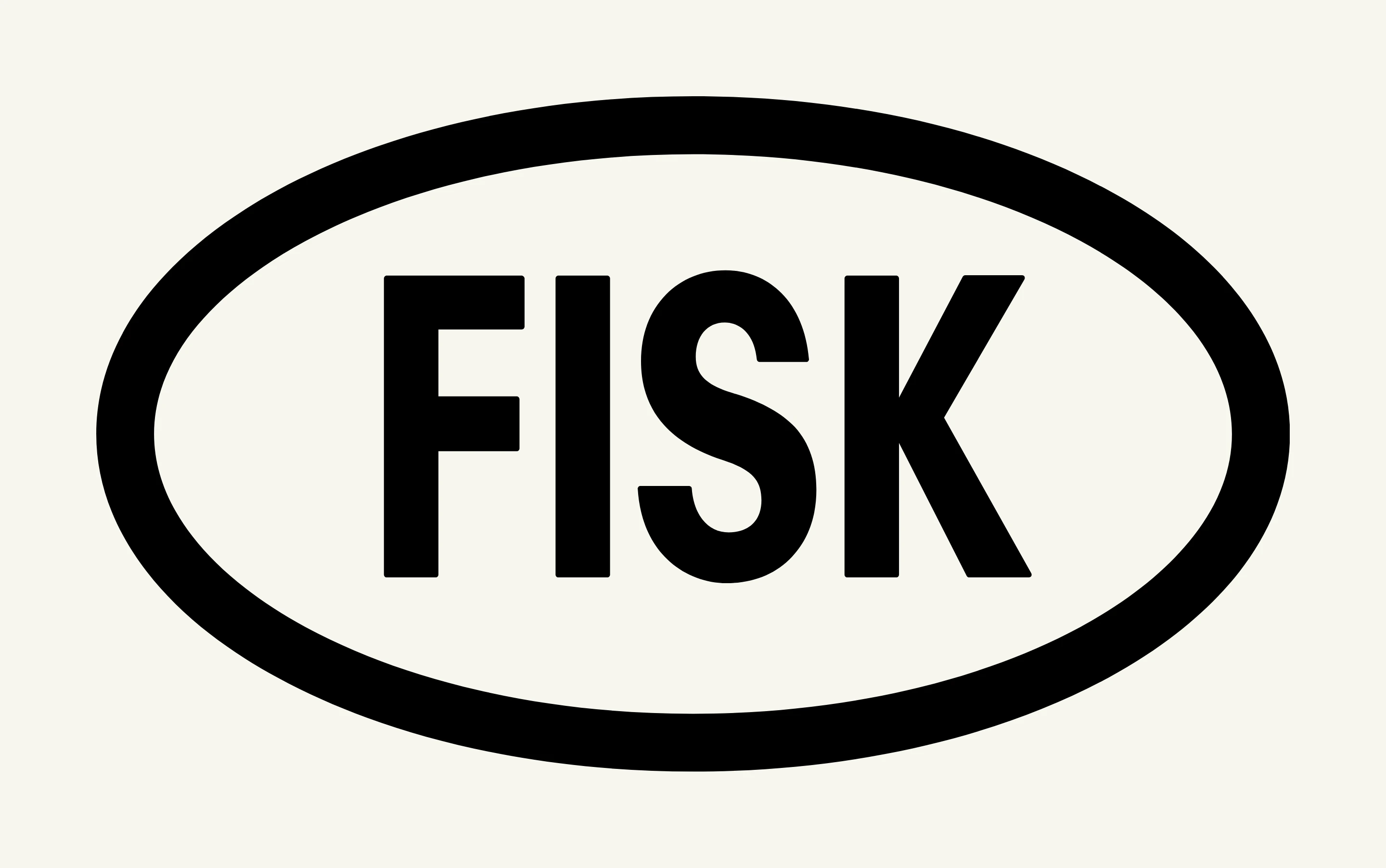 A stark graphic emblem featuring bold black typography framed inside an oval sticker badge against a warm ecru background.