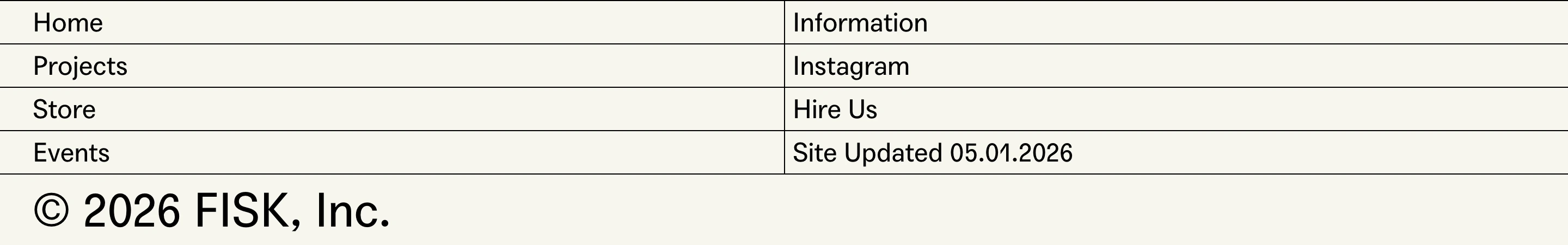 Utilitarian table-structured footer featuring raw hairline borders and clean typographic navigation on an off-white background.