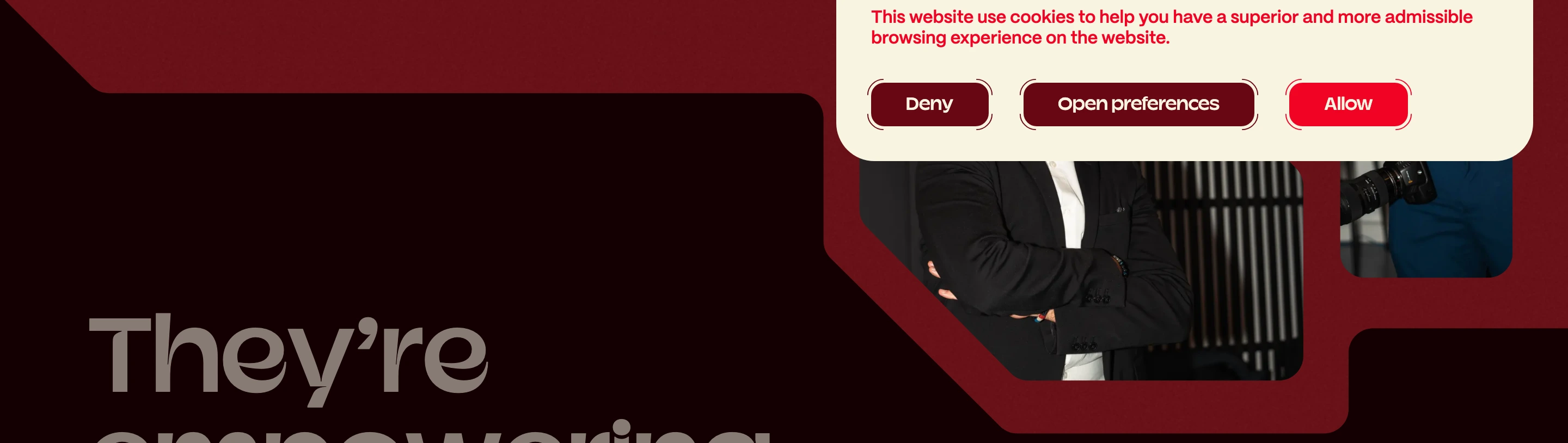 A rich burgundy and cream editorial interface overlaid with a pill-shaped cookie consent modal and stylized photographic cutouts.