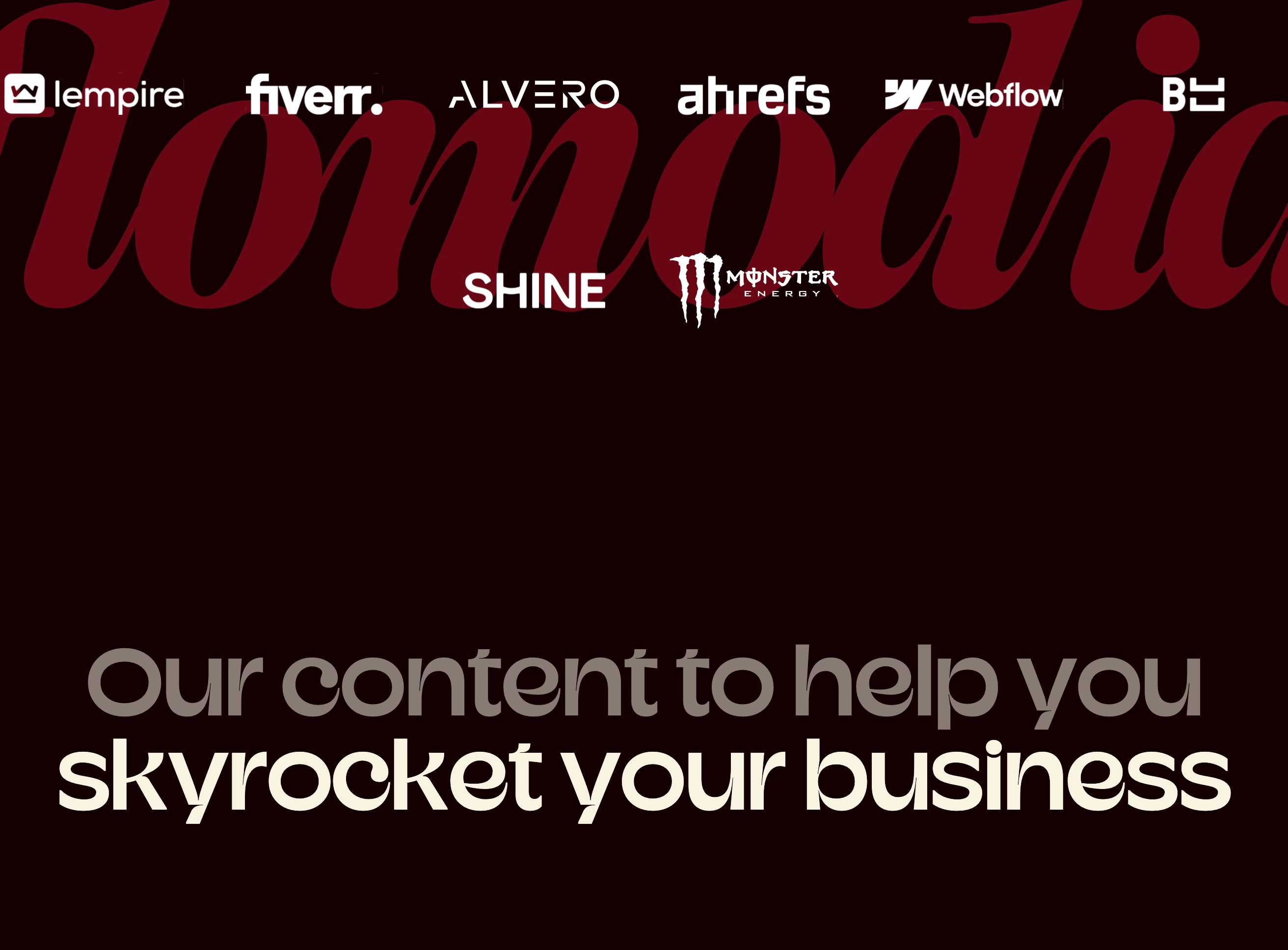 Dramatic dark crimson trust section pairing floating partner logos over faint cursive lettering with a high-contrast bottom headline.