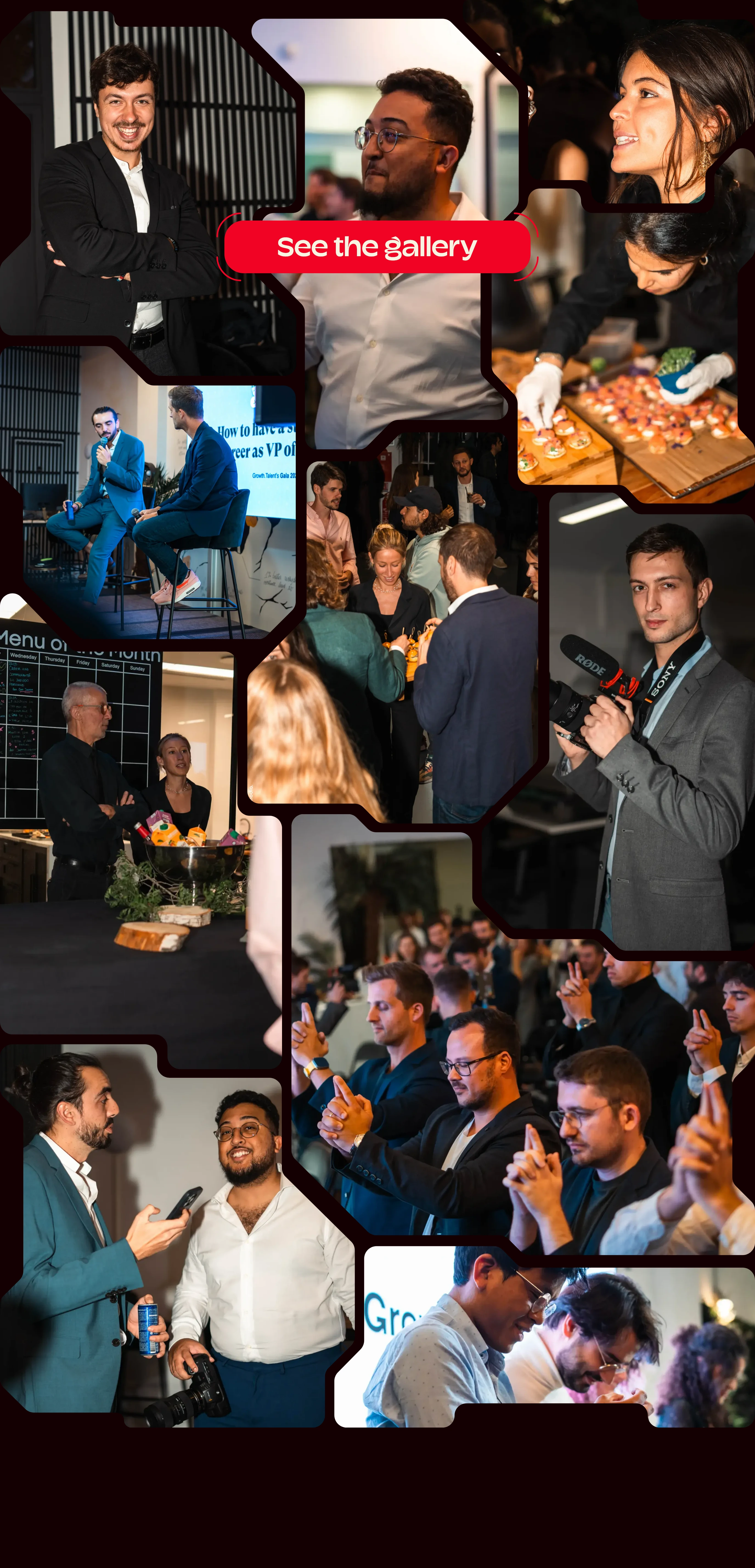 A lively, dense collage of event photography fitted into interlocking rounded frames with a bright red floating call to action.