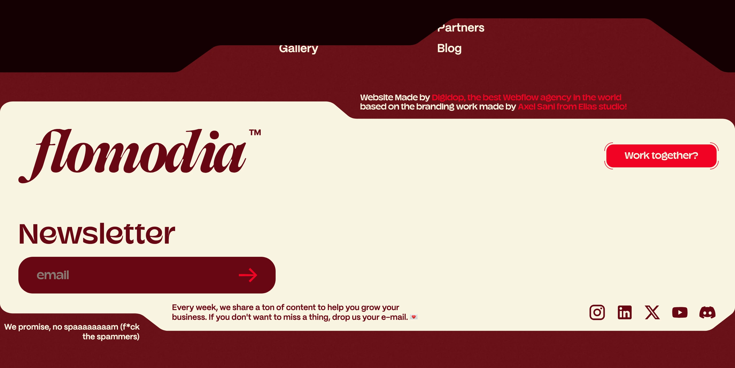 Playful tabbed cream folder aesthetic set against deep wine red with retro script branding and newsletter signup.