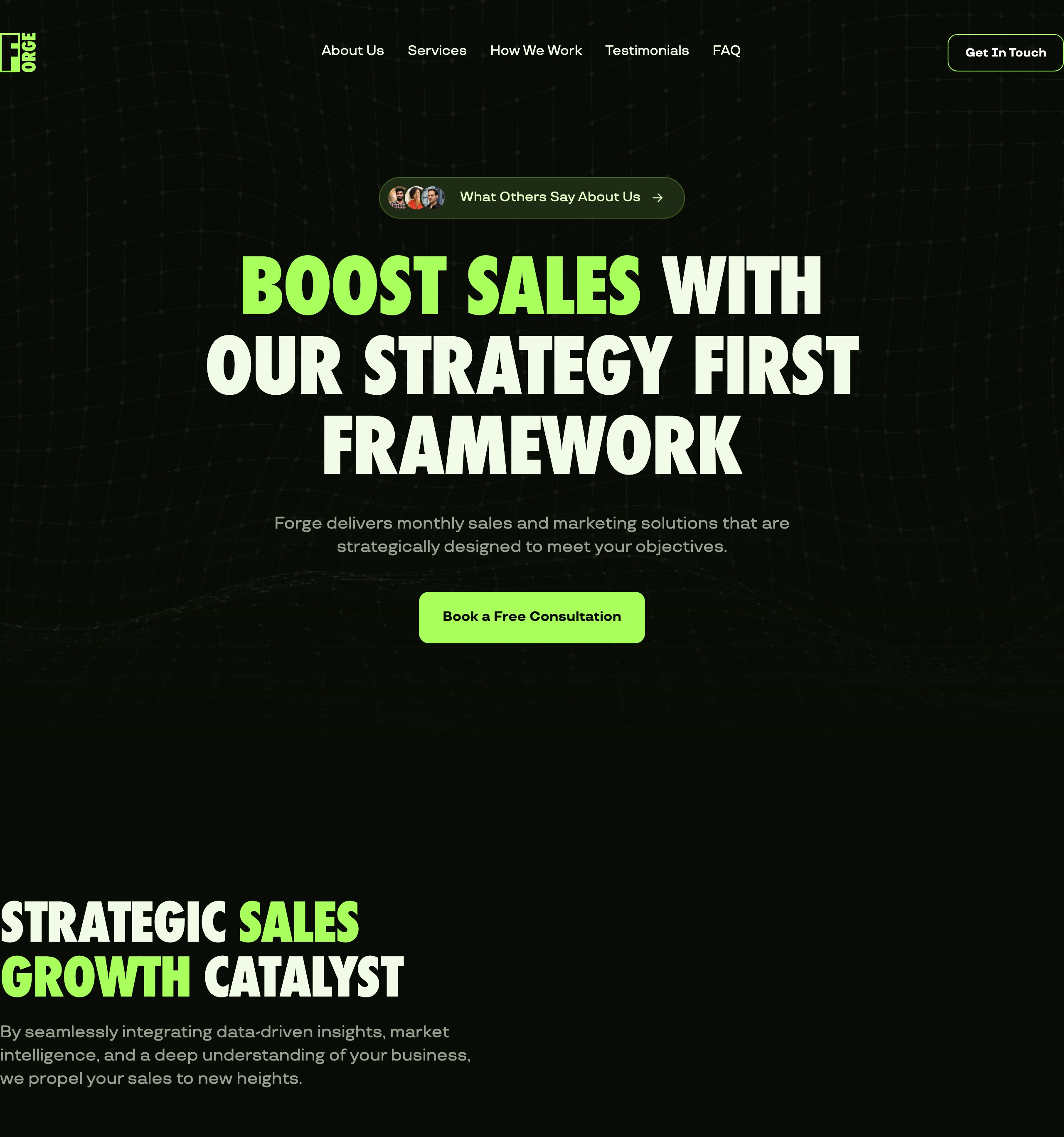 High-impact dark hero pairing oversized condensed neon typography with a subtle wireframe topography background.
