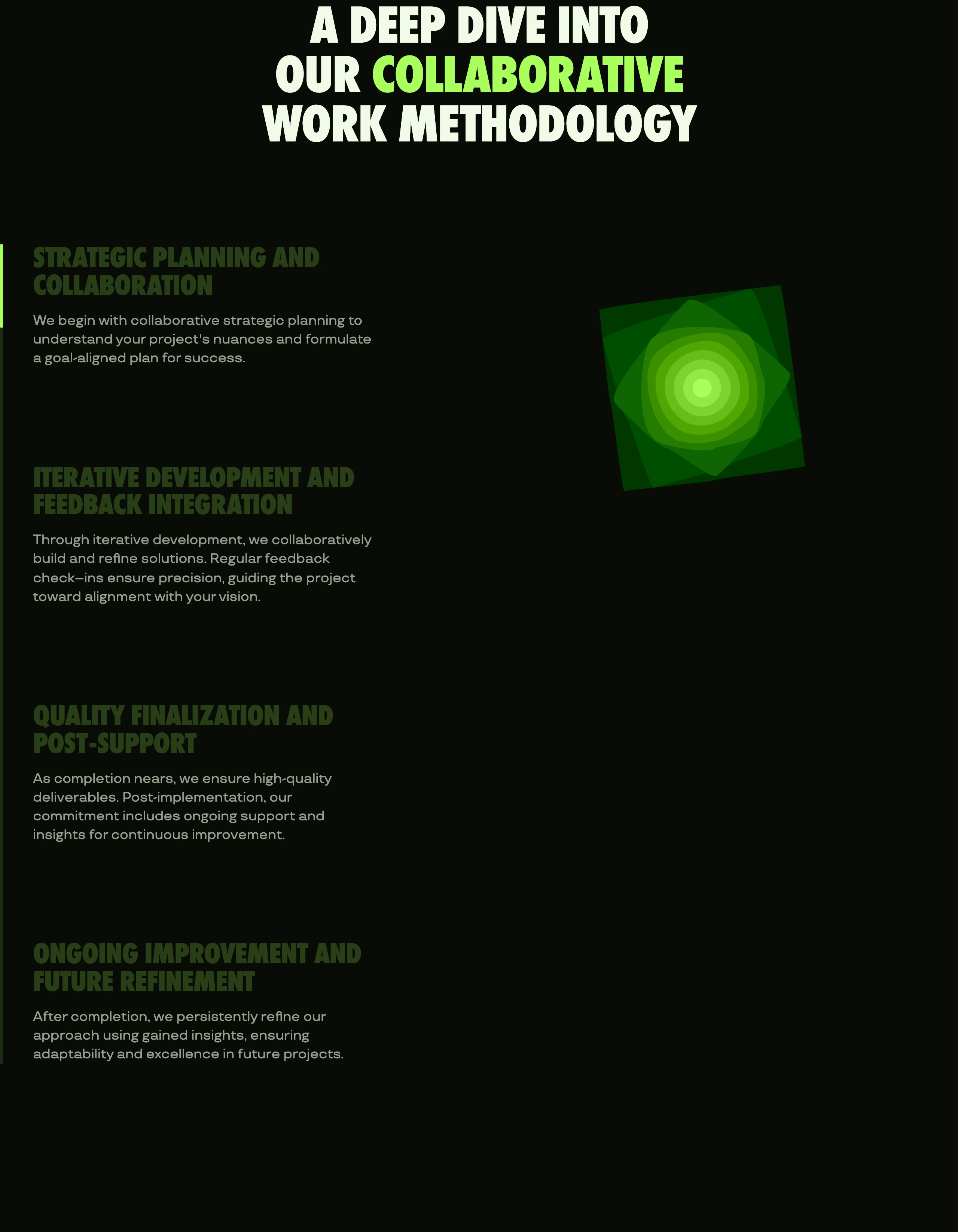 Dark, structured process section featuring heavy condensed uppercase typography and a glowing green geometric vortex graphic.