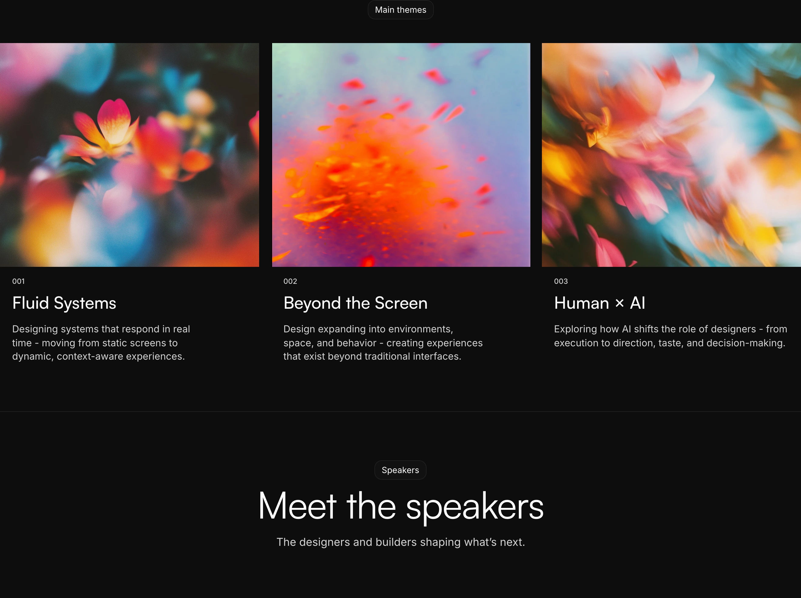 Luminous, impressionistic abstract visuals anchor a dark conference theme grid with crisp typography.