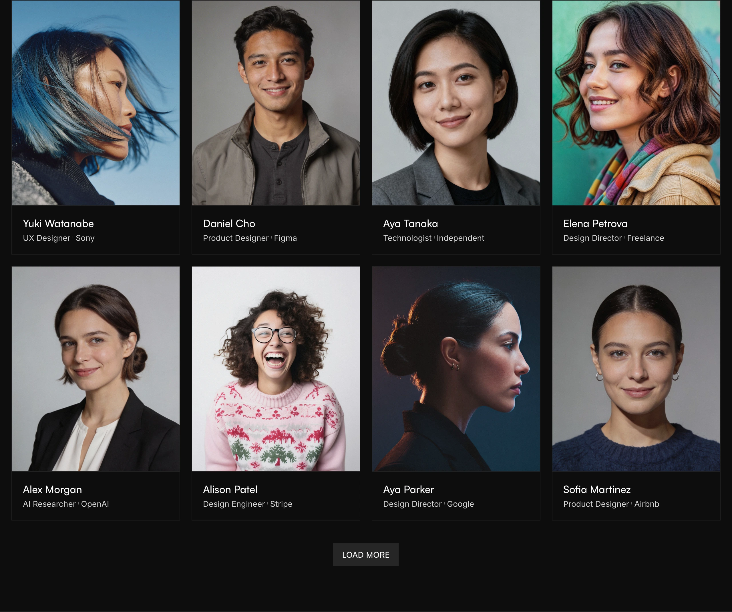 A crisp, dark gallery grid of expressive photographic portraits anchored by minimal captions and a load-more button.
