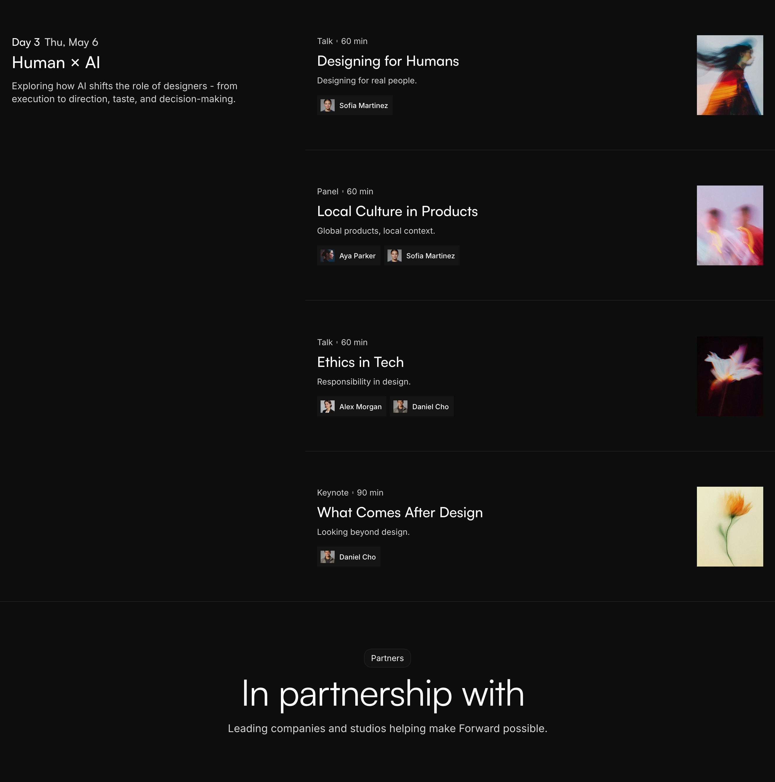 A restrained, dark-mode event schedule structured with precise typography and ethereal, motion-blurred square artwork beside each talk listing.
