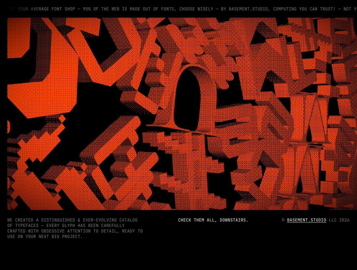 Aggressive, dithered 3D typographic chaos in glowing red-orange on pitch black with raw monospaced metadata.