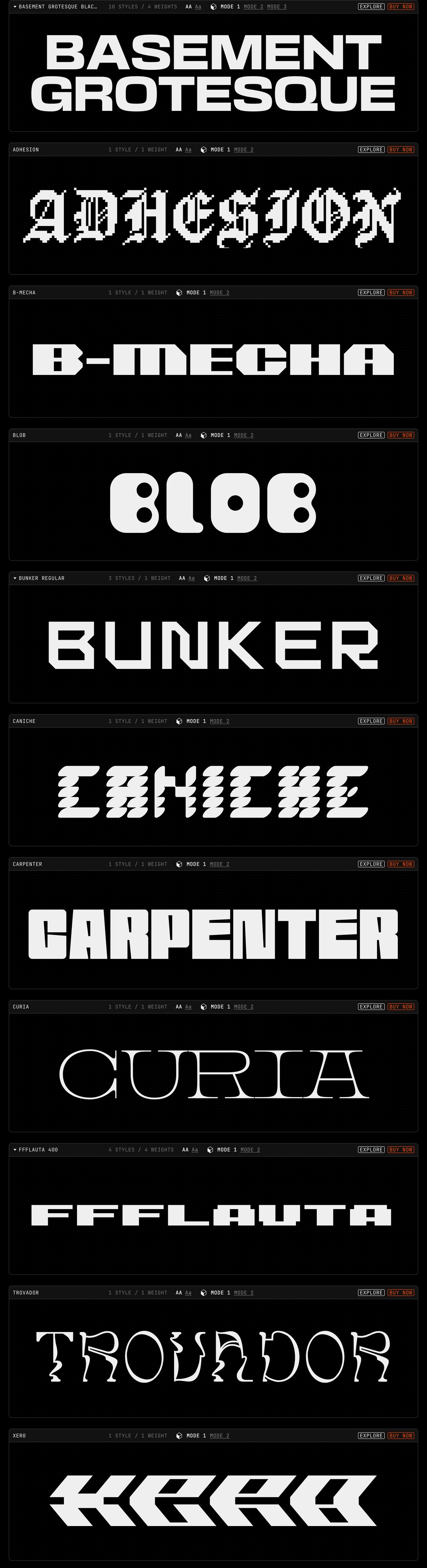 An aggressive, dark digital type foundry catalog showcasing experimental bespoke letterforms framed in modular monospaced specimen cards.