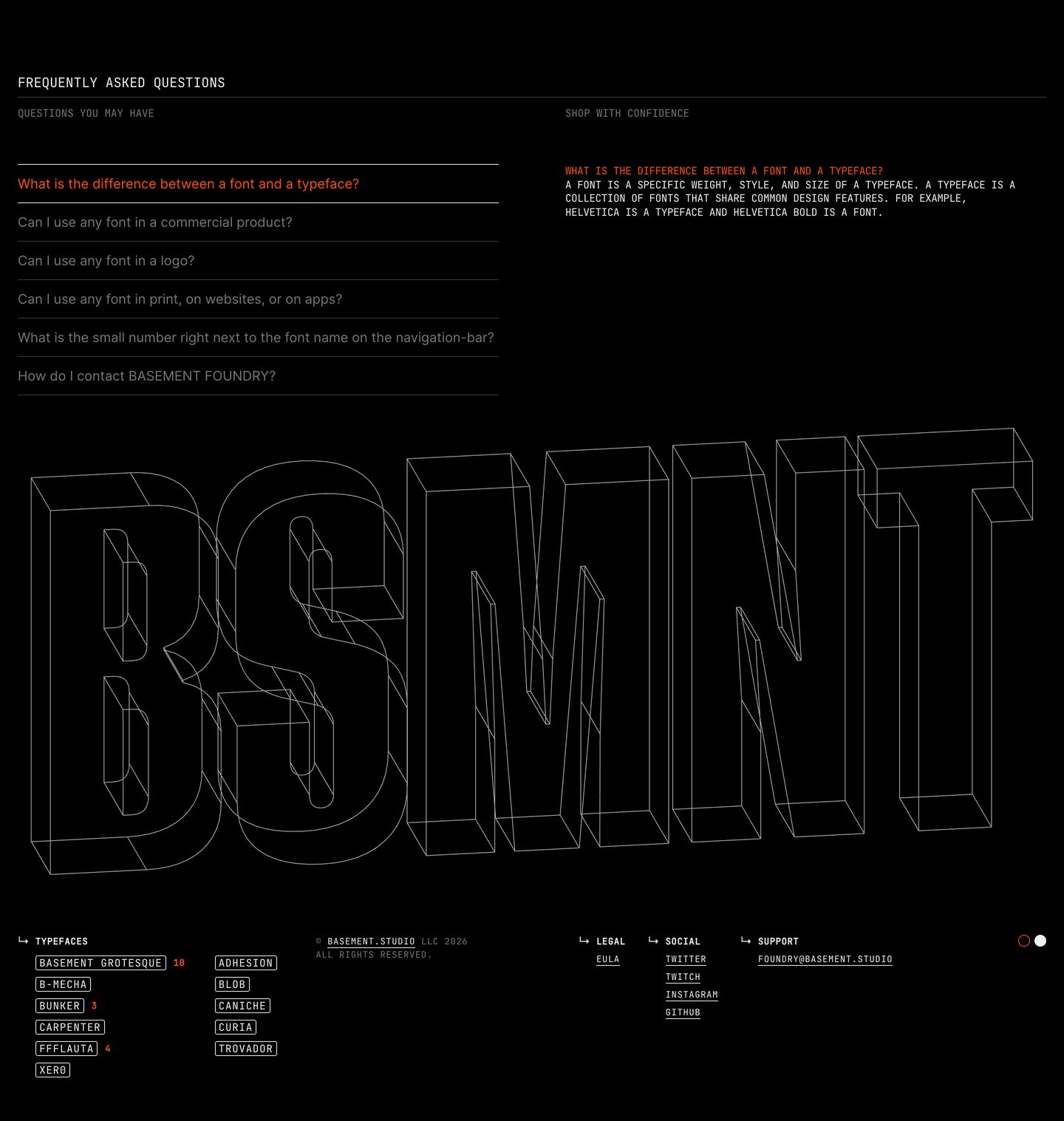Monochrome technical FAQ and brutalist footer dominated by a massive wireframe 3D typographic logotype.