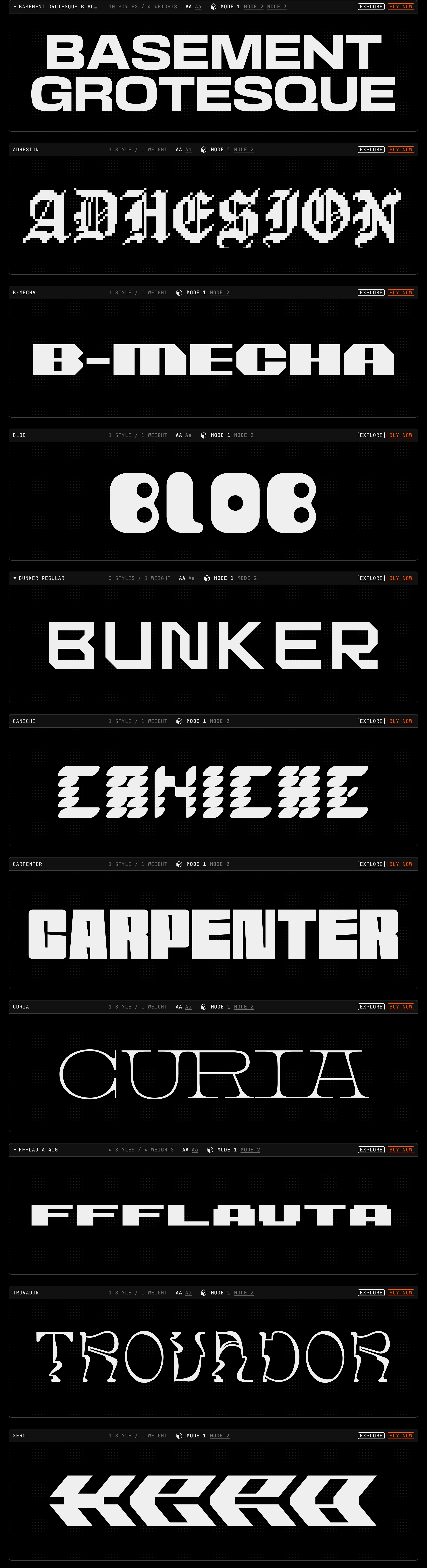 Monochrome, high-density modular type foundry catalog showcasing monumental display typefaces inside dark technical wireframe cards.