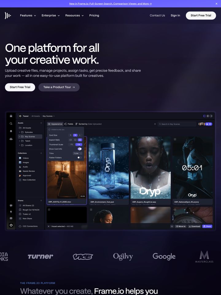 Frame.io homepage