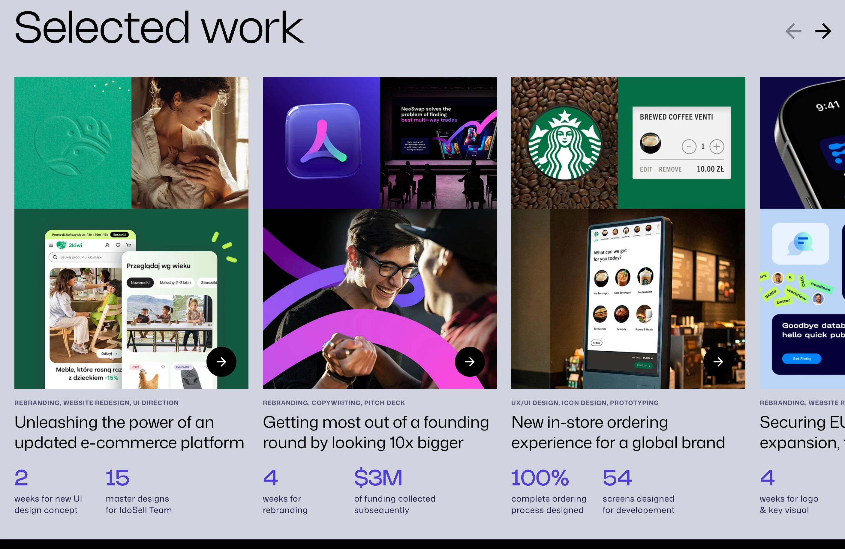 Structured agency case study carousel pairing dense visual collages with precise project metrics and crisp typography.