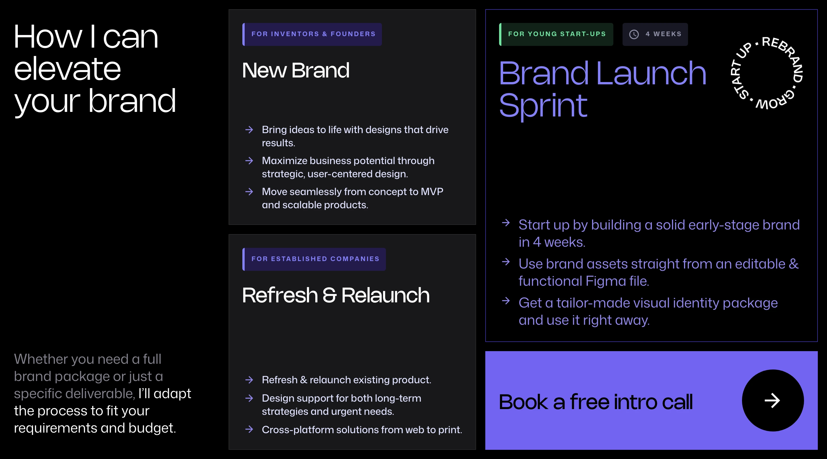 Crisp and structured dark-mode service packages arranged in an asymmetrical bento grid with neon accent tags and an electric indigo CTA.