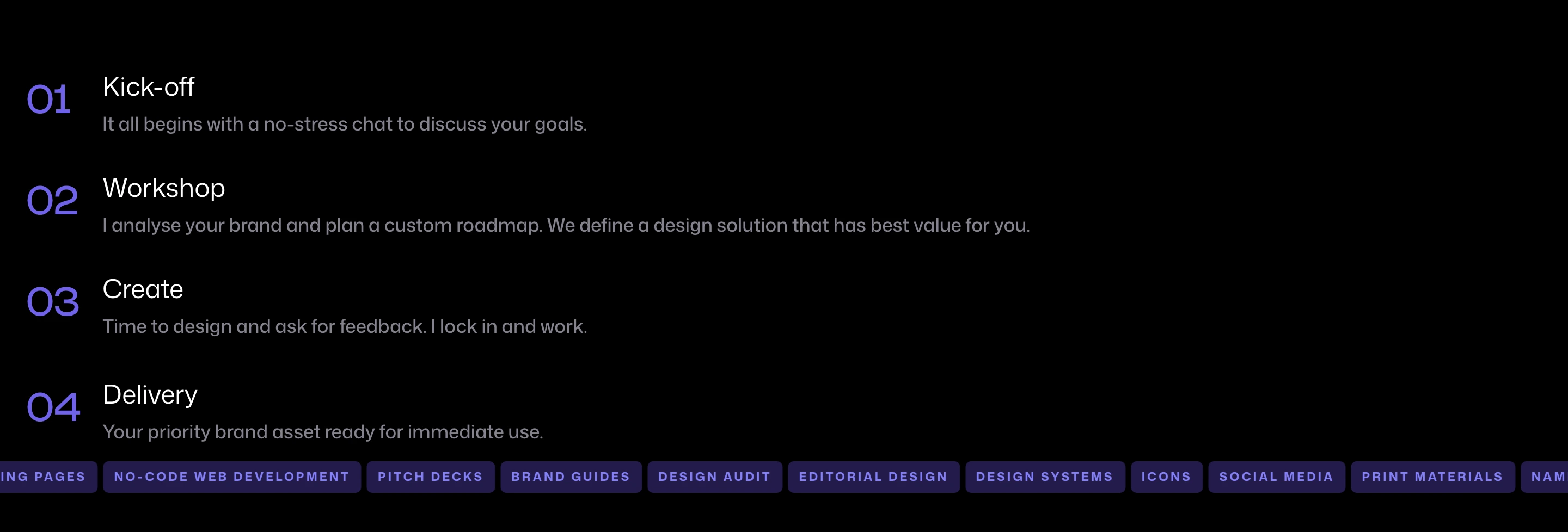 Sparse, dark process sequence with purple numeral accents and an expansive field of negative black space.