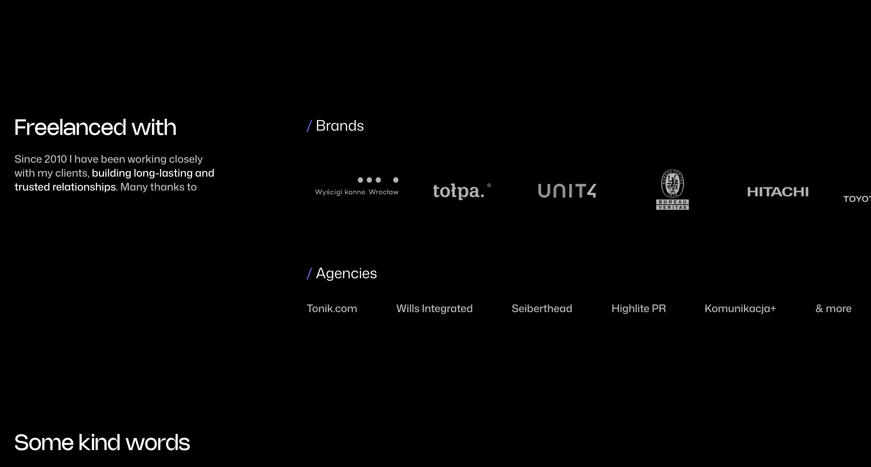 Quiet dark-mode client directory organized neatly into categorized text lists and monochrome partner logos alongside an introductory narrative.