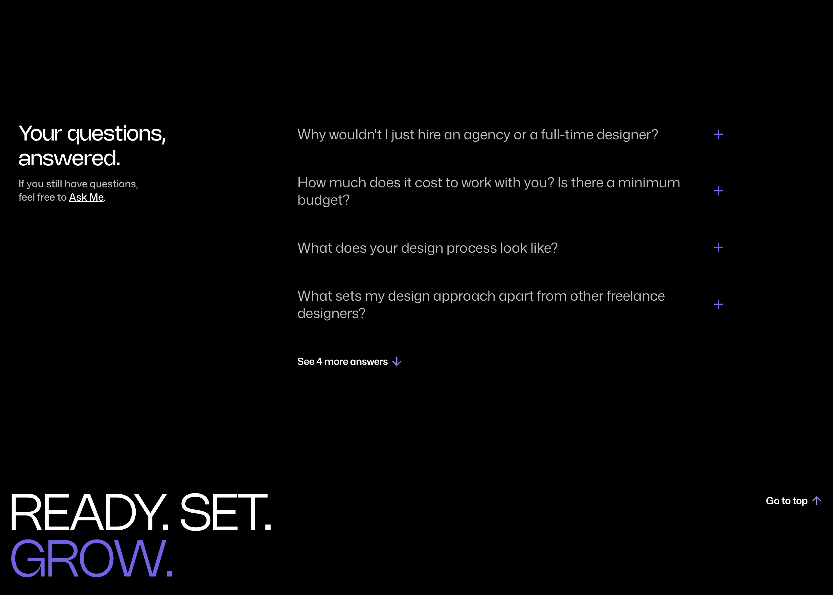 A pitch-black, minimalist FAQ section with crisp white typography and a quiet, structured two-column layout.