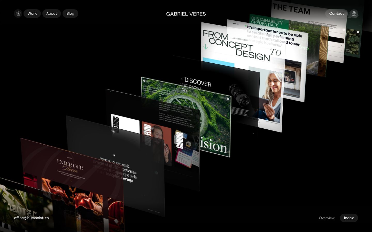 An immersive dark 3D showcase displaying portfolio websites floating in a receding layered perspective.