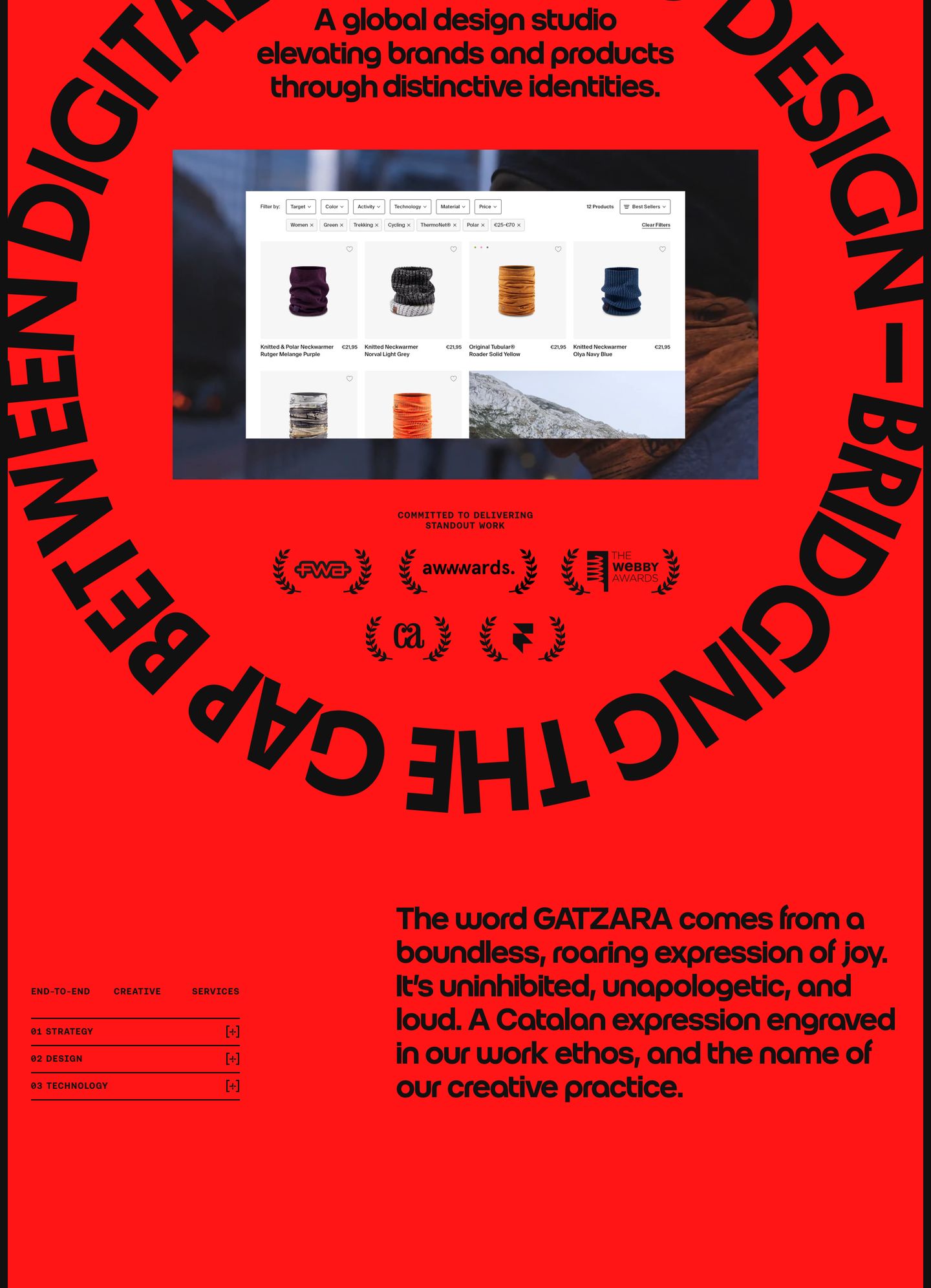 Screaming crimson studio hero framing digital work inside a massive circular typographic ring.