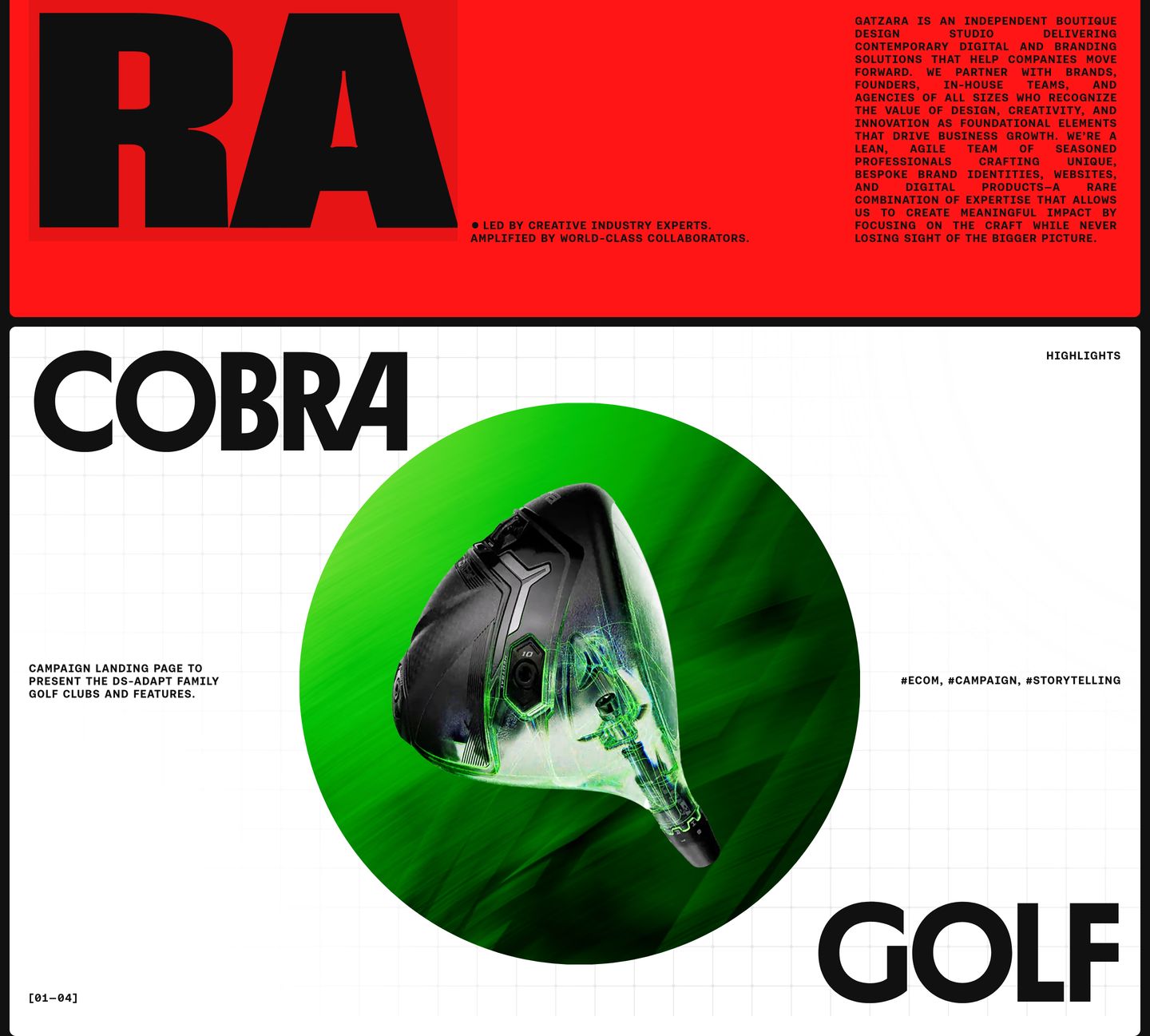 High-impact portfolio showcase anchoring a vivid circular 3D render between massive diagonal typography on a subtle drafting grid.