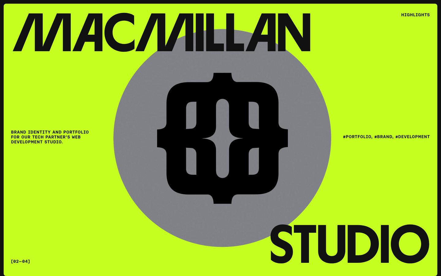 High-voltage neon poster featuring massive custom type and a heavy central insignia framing a studio portfolio highlight.