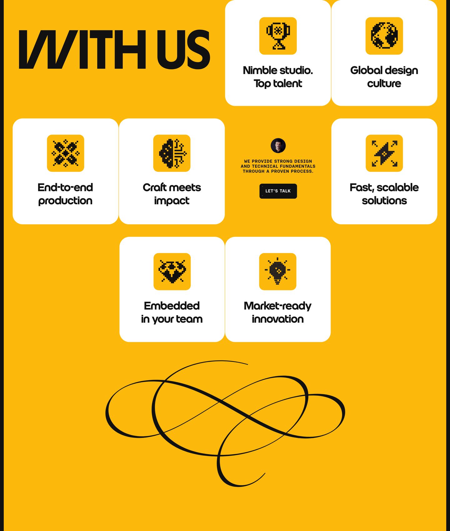 Vibrant canary-yellow feature grid pairing chunky rounded cards, pixel art iconography, and oversized custom display typography.
