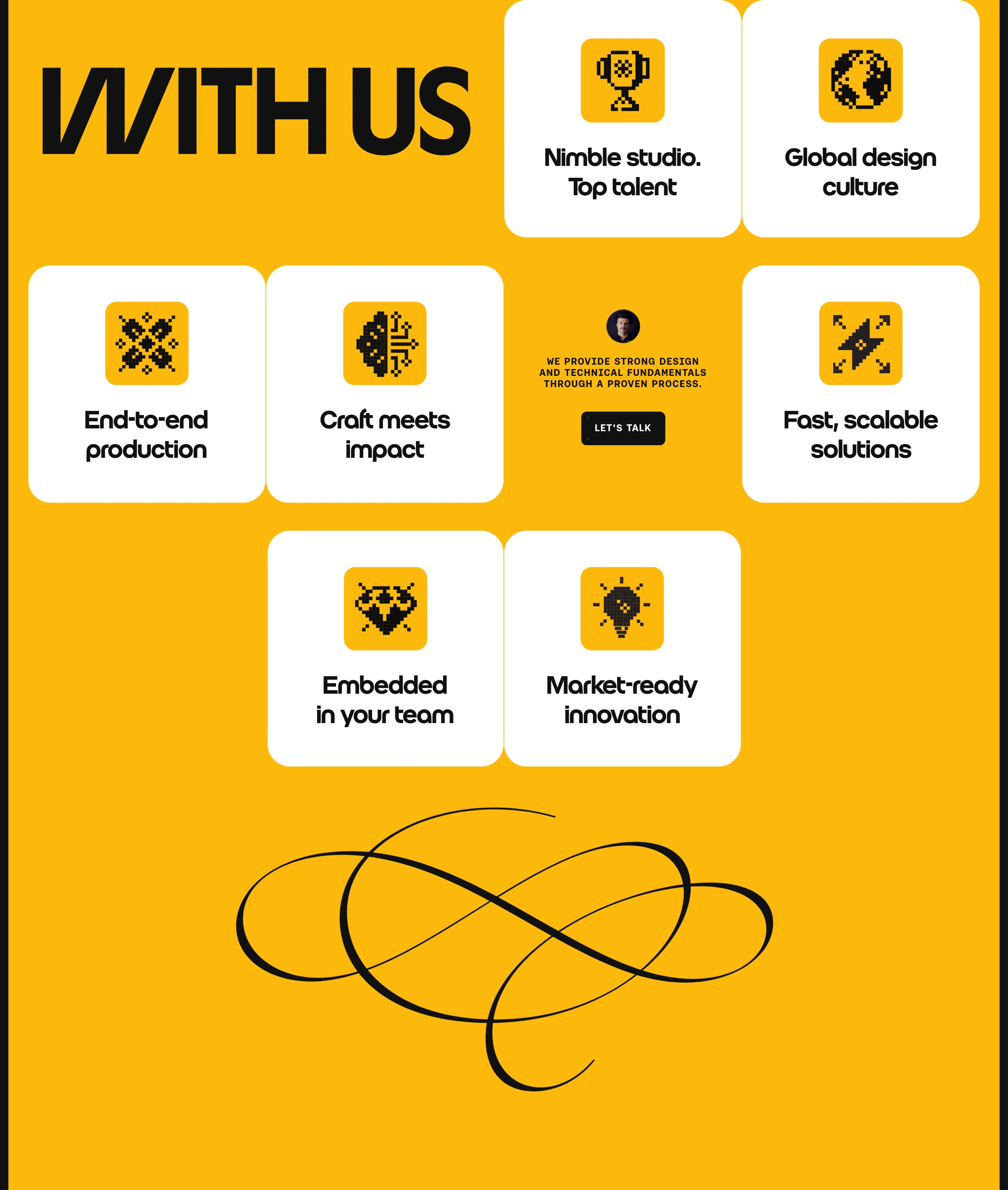 Vibrant canary-yellow feature grid pairing chunky rounded cards, pixel art iconography, and oversized custom display typography.