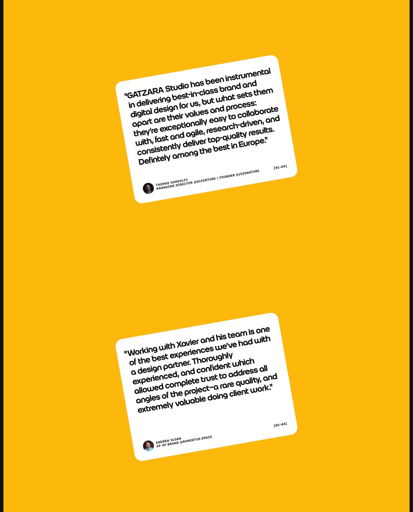 Tilted white testimonial cards float on a vivid yellow background, turning client praise into punchy graphic stickers.