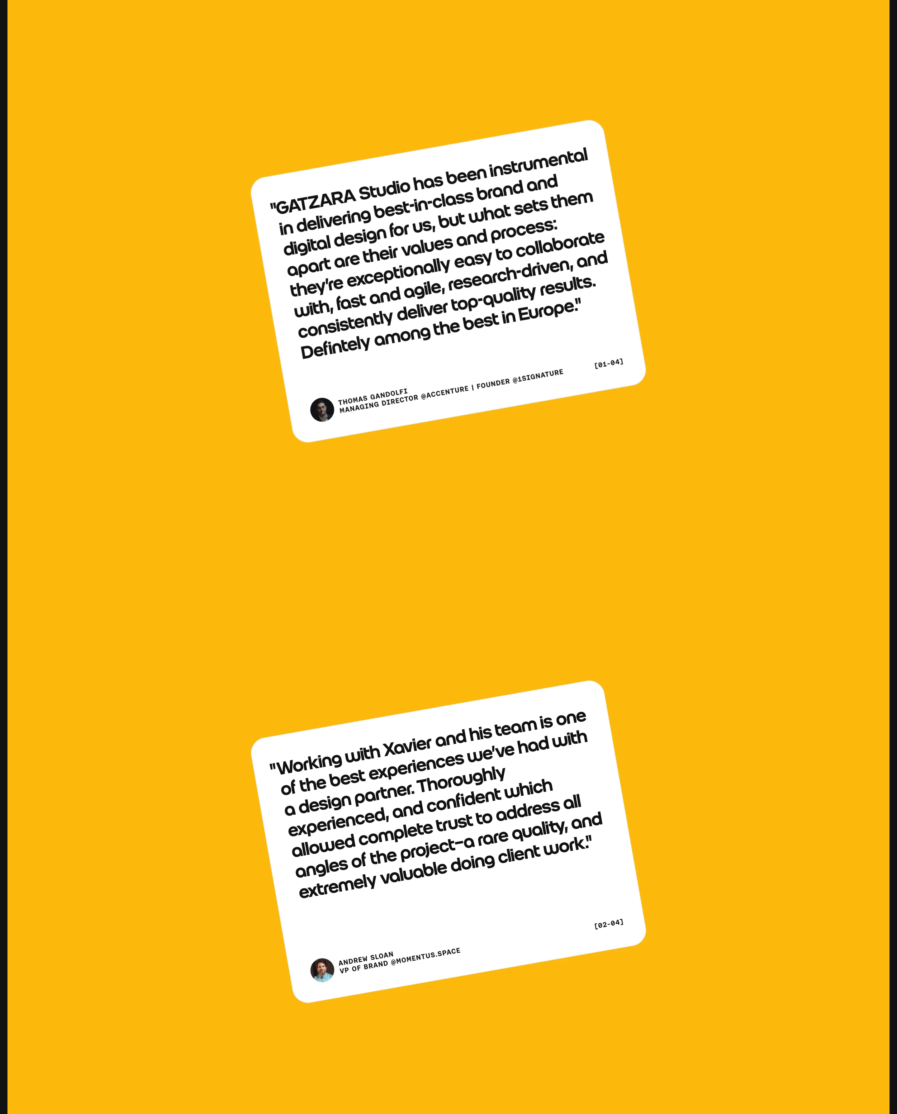 Tilted white testimonial cards float on a vivid yellow background, turning client praise into punchy graphic stickers.