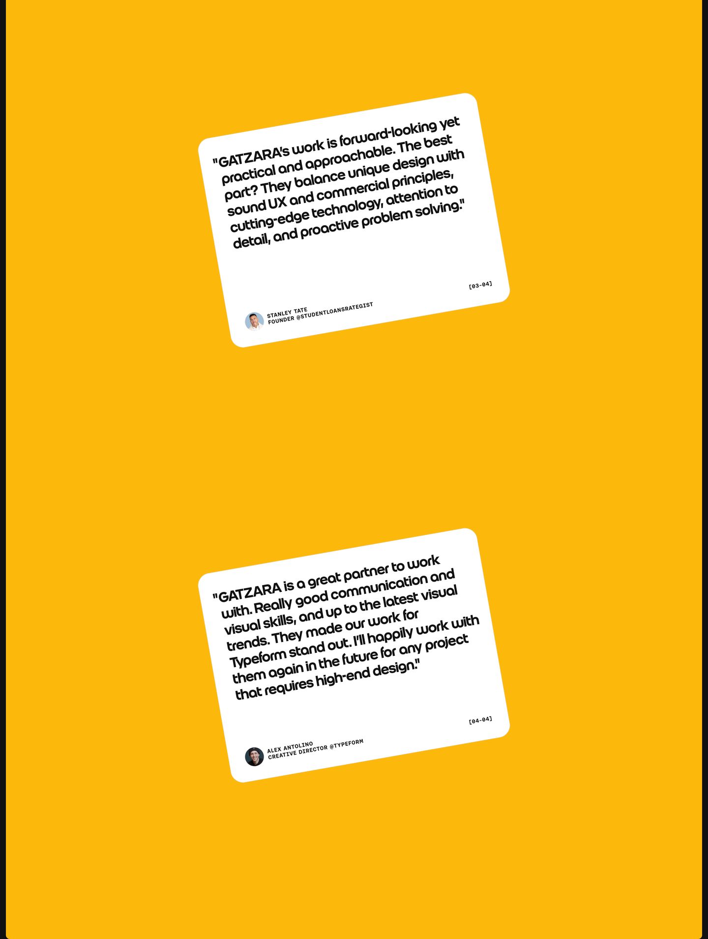 Bold yellow backdrop featuring tilted white sticker-like testimonial cards with energetic personality.