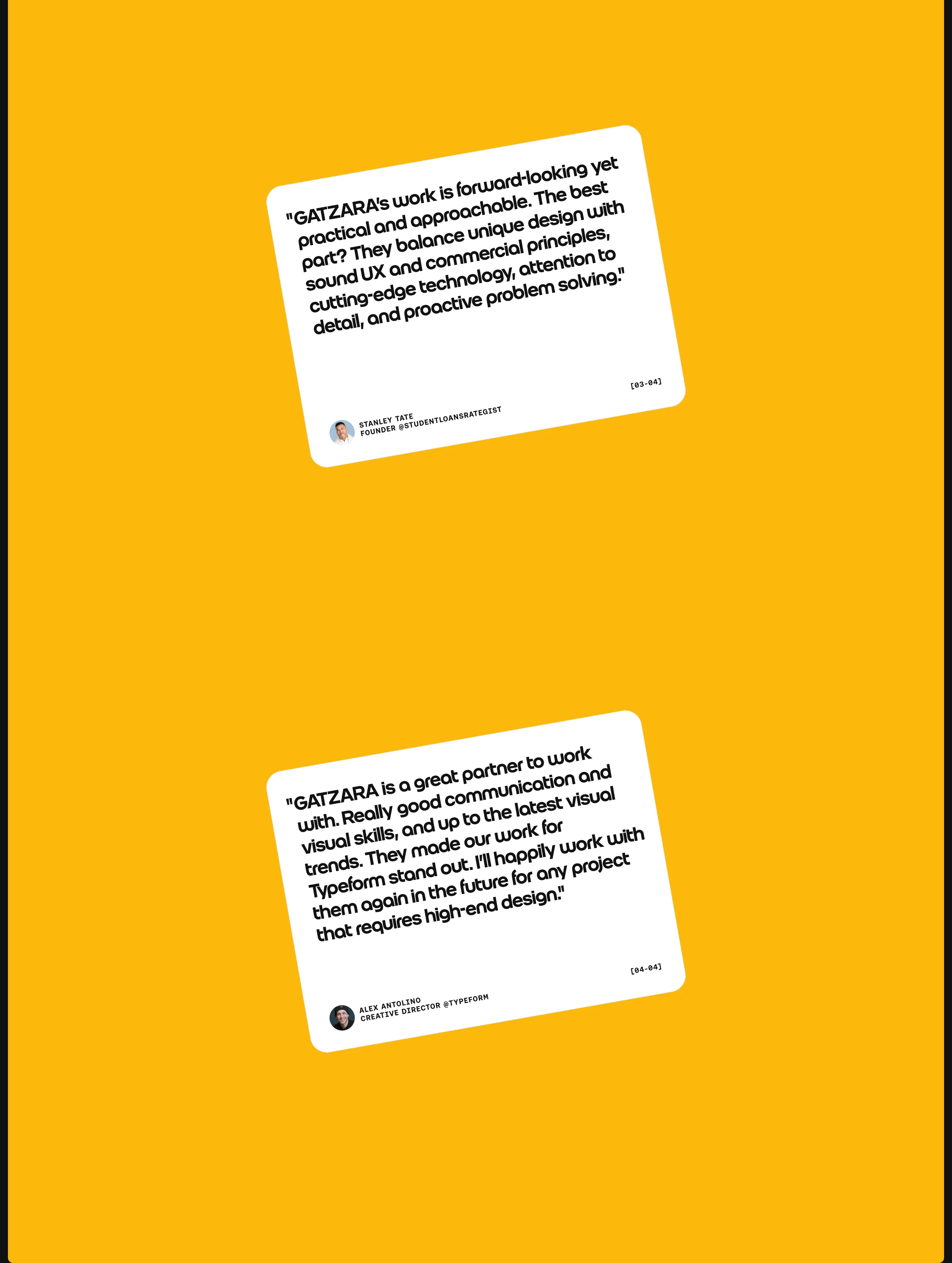 Bold yellow backdrop featuring tilted white sticker-like testimonial cards with energetic personality.