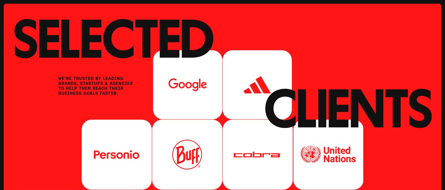 High-impact, electric red client logo section interweaving massive black uppercase display type with rounded white brand cards.