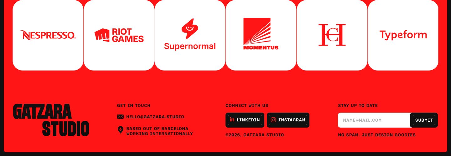 Vibrant high-contrast studio footer anchored in saturated red with white client cards and bold monospaced utility details.