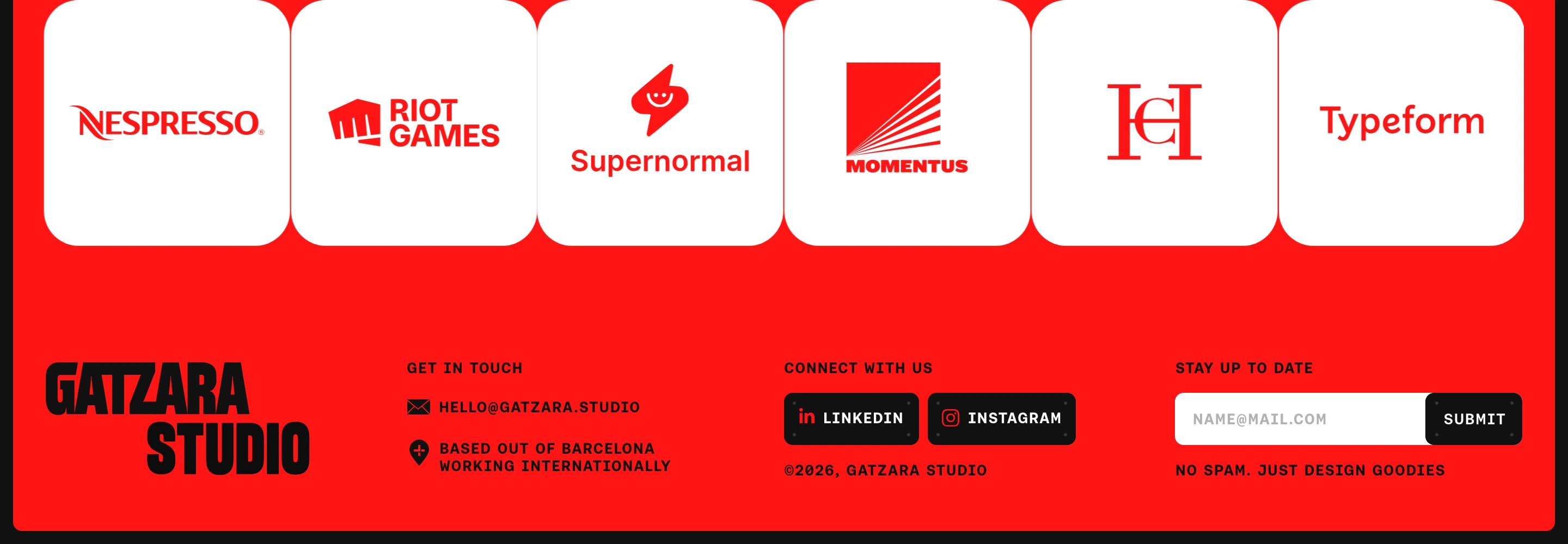 Vibrant high-contrast studio footer anchored in saturated red with white client cards and bold monospaced utility details.