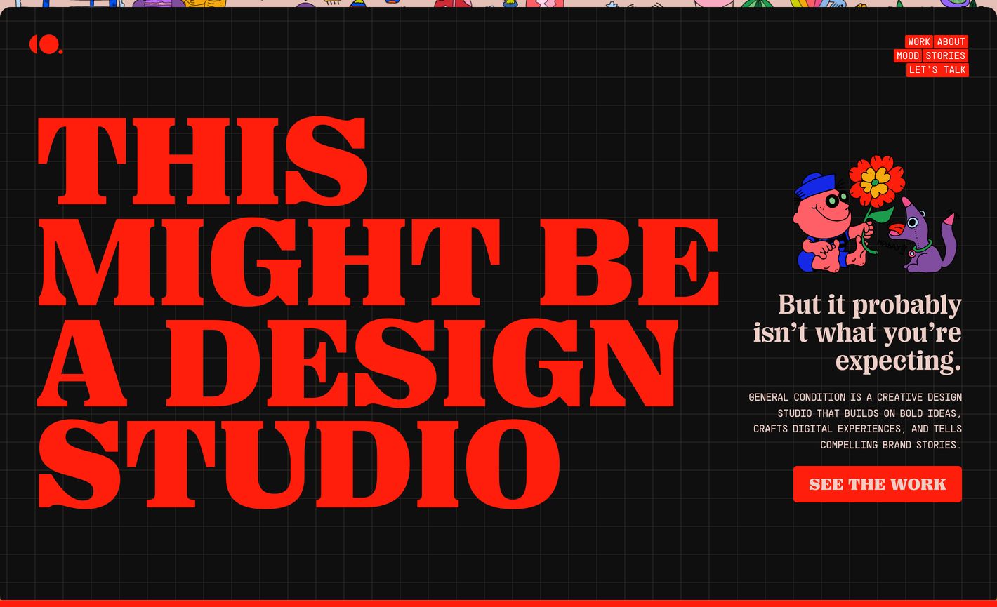 Bold, retro-inspired dark hero featuring giant red serif typography over a fine grid and quirky cartoon character art.