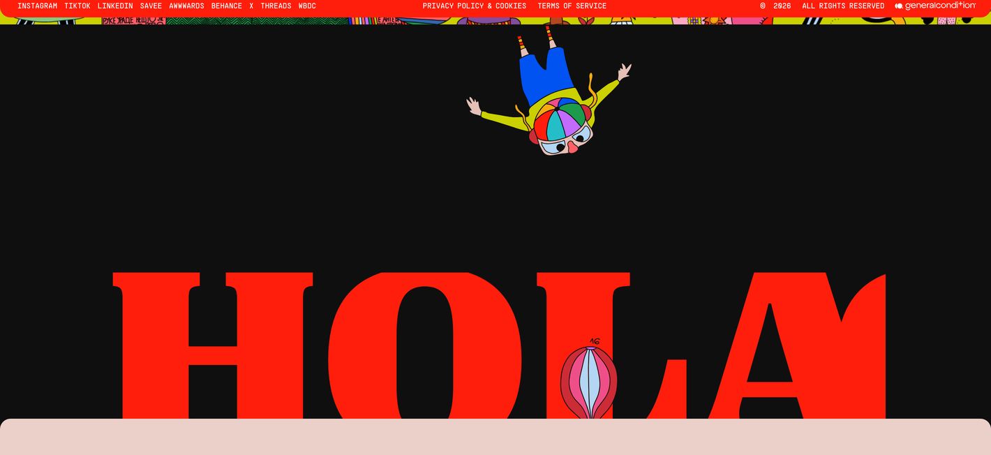 Playful pop-surreal hero featuring a falling cartoon character diving toward massive bold red greeting typography on a black backdrop.