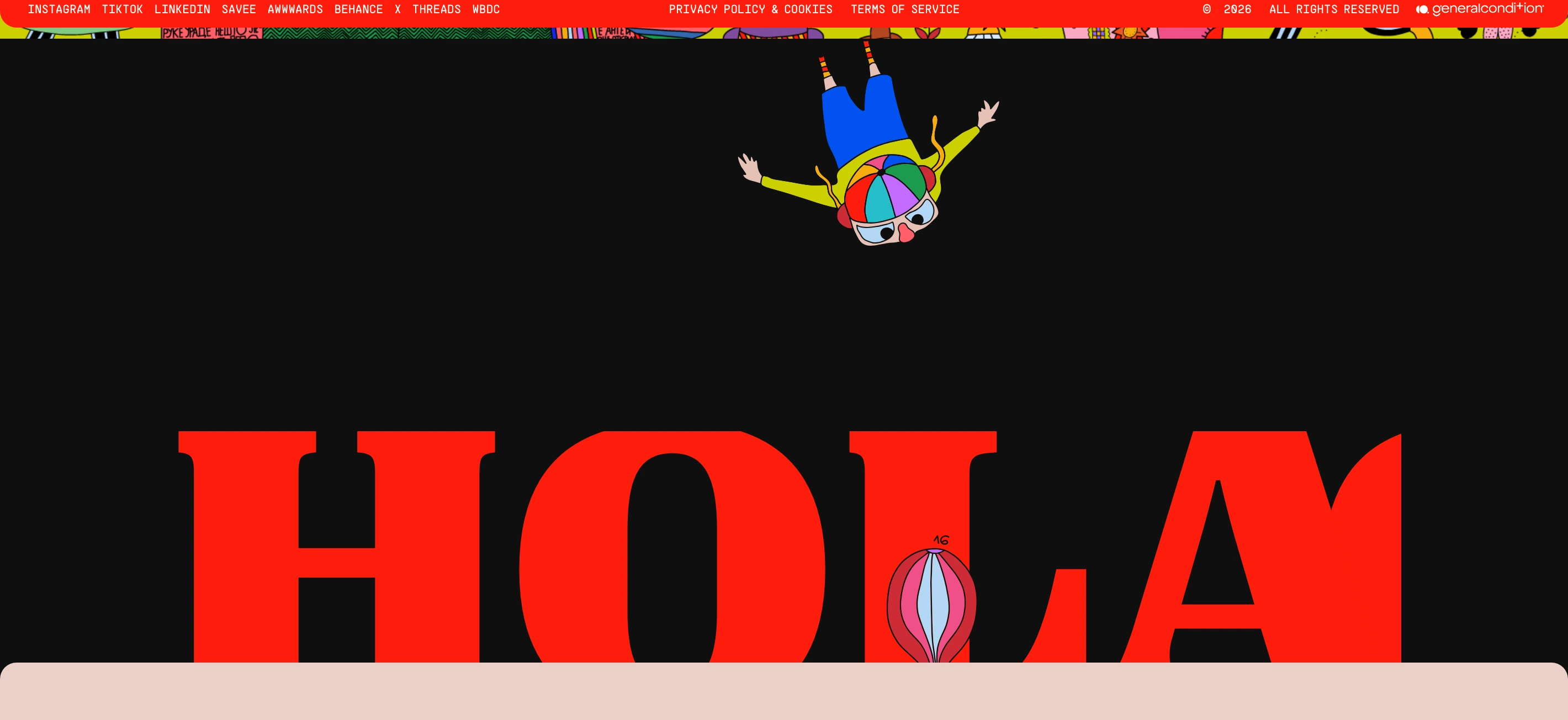Playful pop-surreal hero featuring a falling cartoon character diving toward massive bold red greeting typography on a black backdrop.