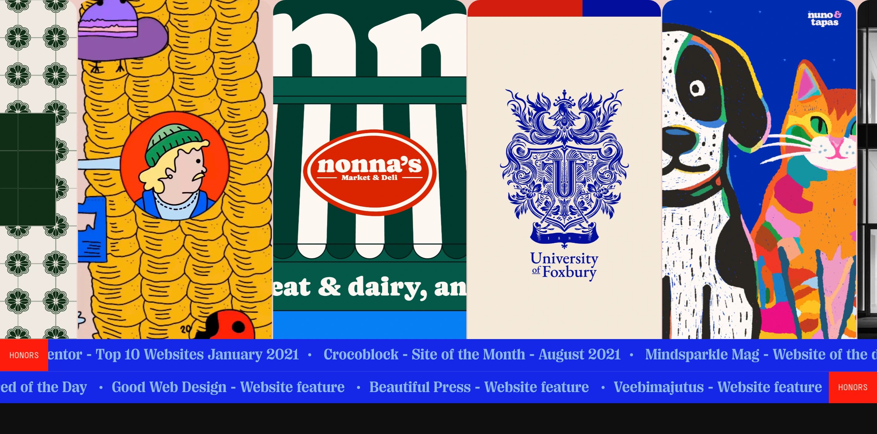 Vibrant, tightly packed vertical project cards burst with illustrated characters and retro brand marks above a bold royal blue awards ticker.