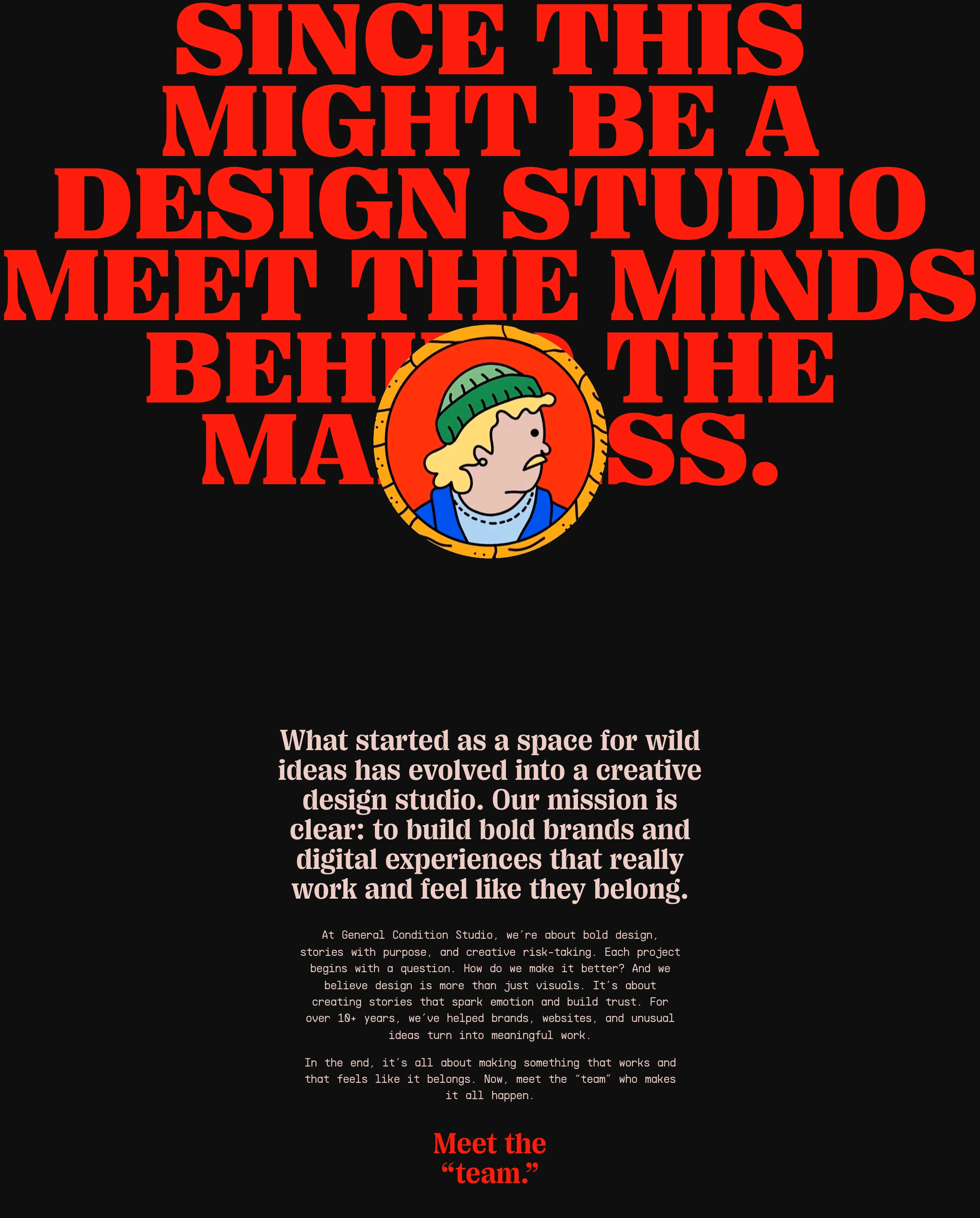Bold dark statement section layering a quirky illustrated medallion over massive red serif typography.