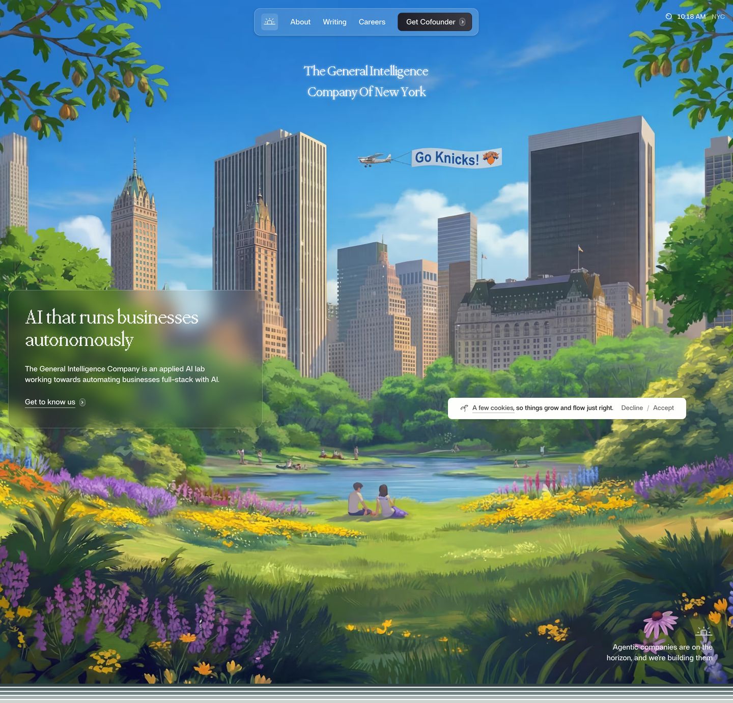 An idyllic Ghibli-style illustrated park landscape frames frosted glass UI elements in a warm and imaginative scene.