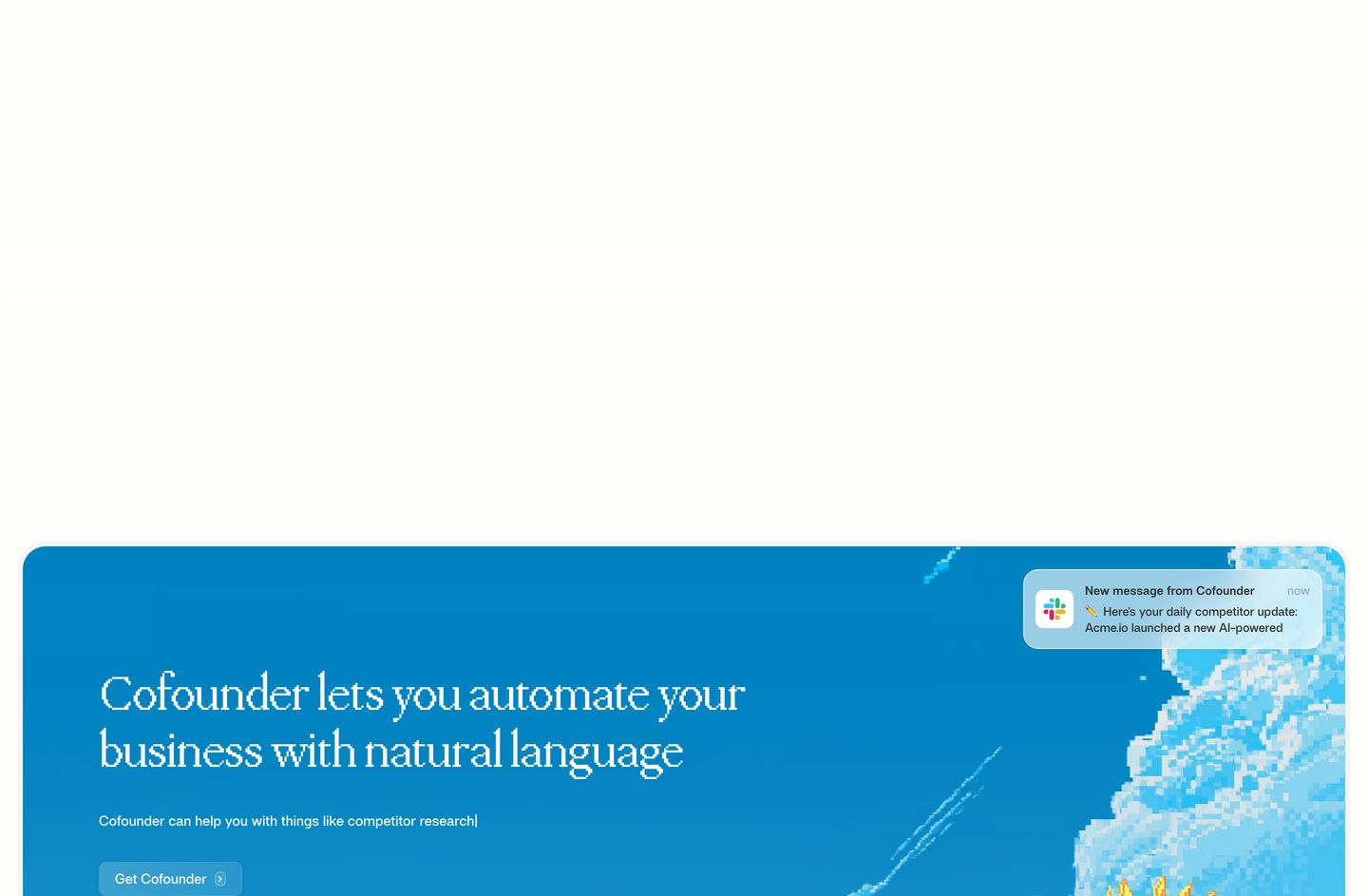 A vivid cerulean card blending pixelated sky artwork with clean typography and an interactive notification popup.