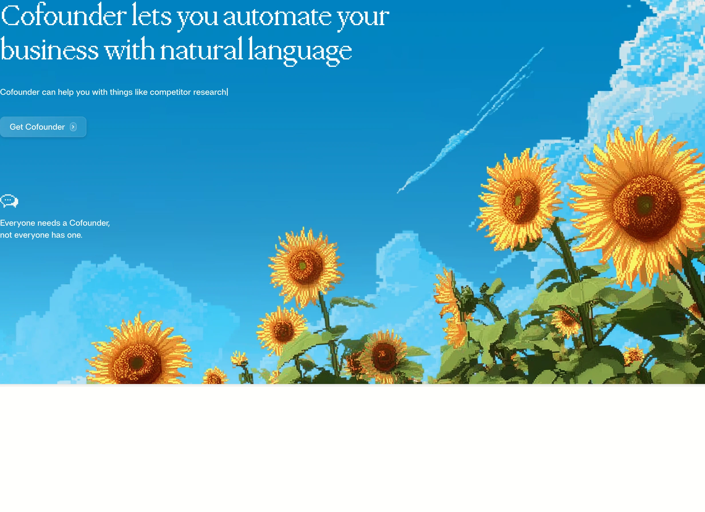 A nostalgic hero pairing crisp editorial serif typography with vibrant 16-bit pixel art sunflowers against a clear blue sky.