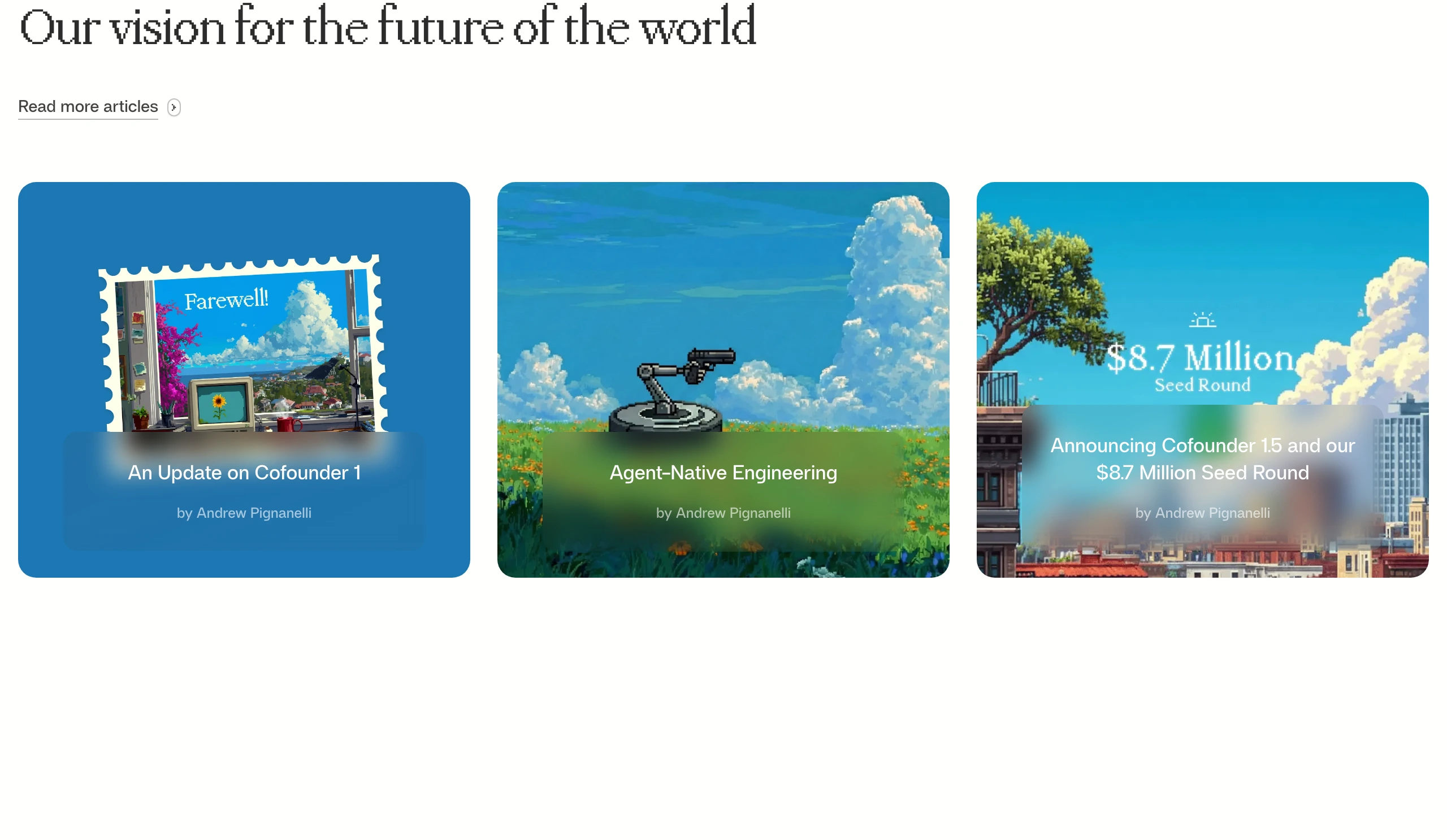 A light blog showcase featuring pixel art illustrated cards with frosted glass title overlays under an elegant serif heading.
