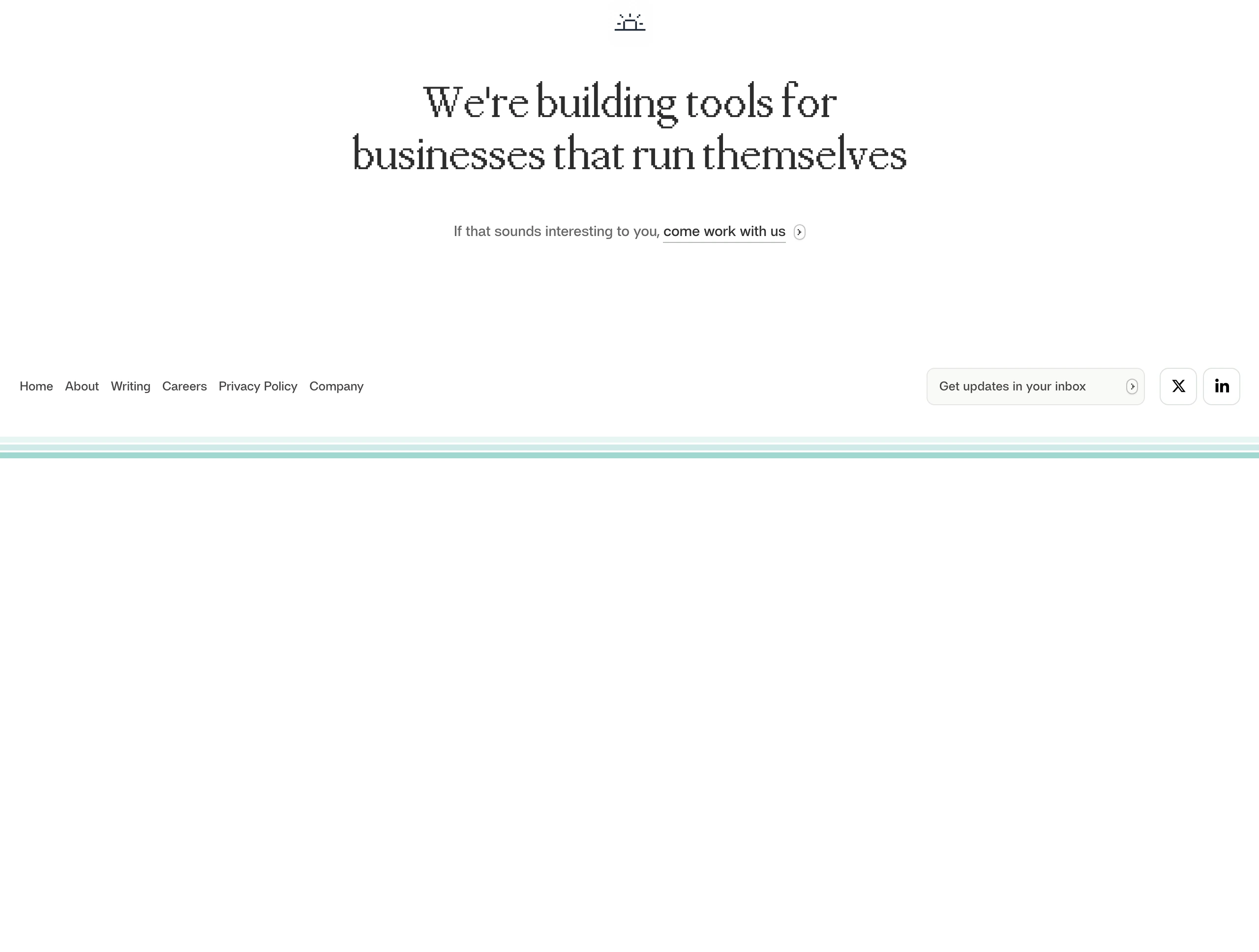 An airy, serene footer centered around an elegant serif statement with plenty of whitespace above subtle navigation links.
