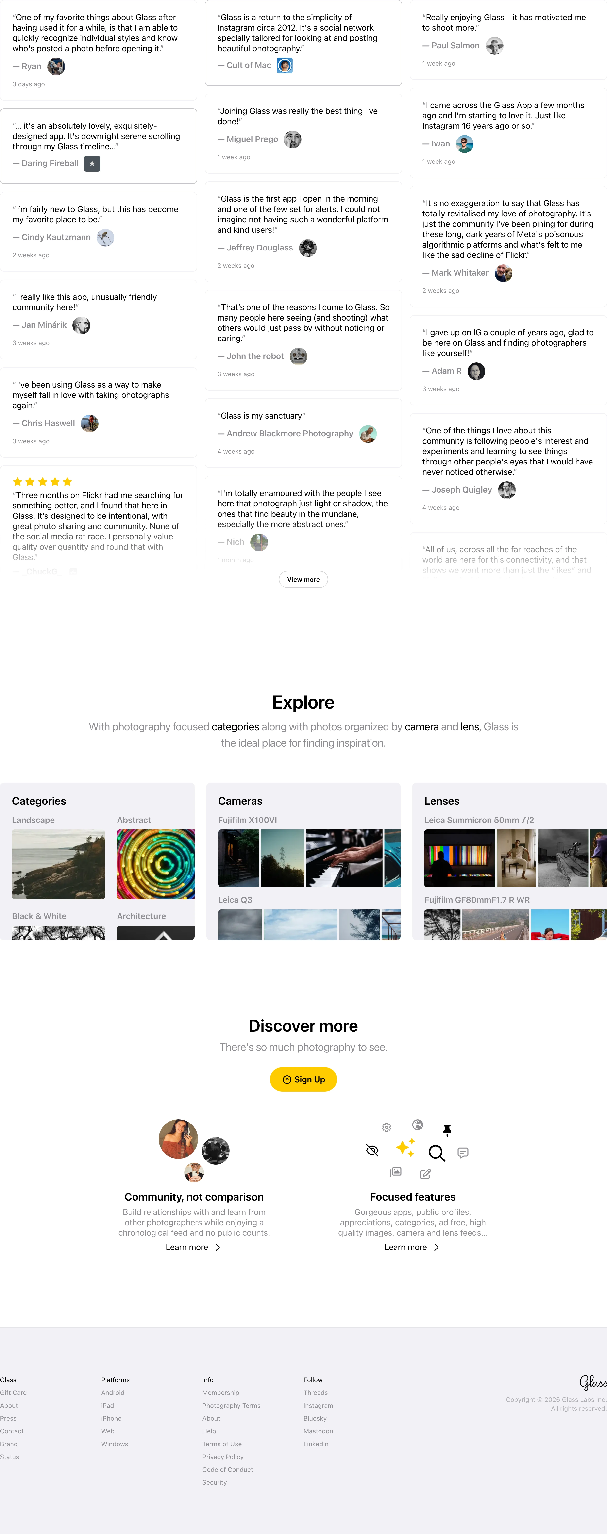 A clean, restrained showcase of community testimonials and photo curation categories set in structured light grey cards.