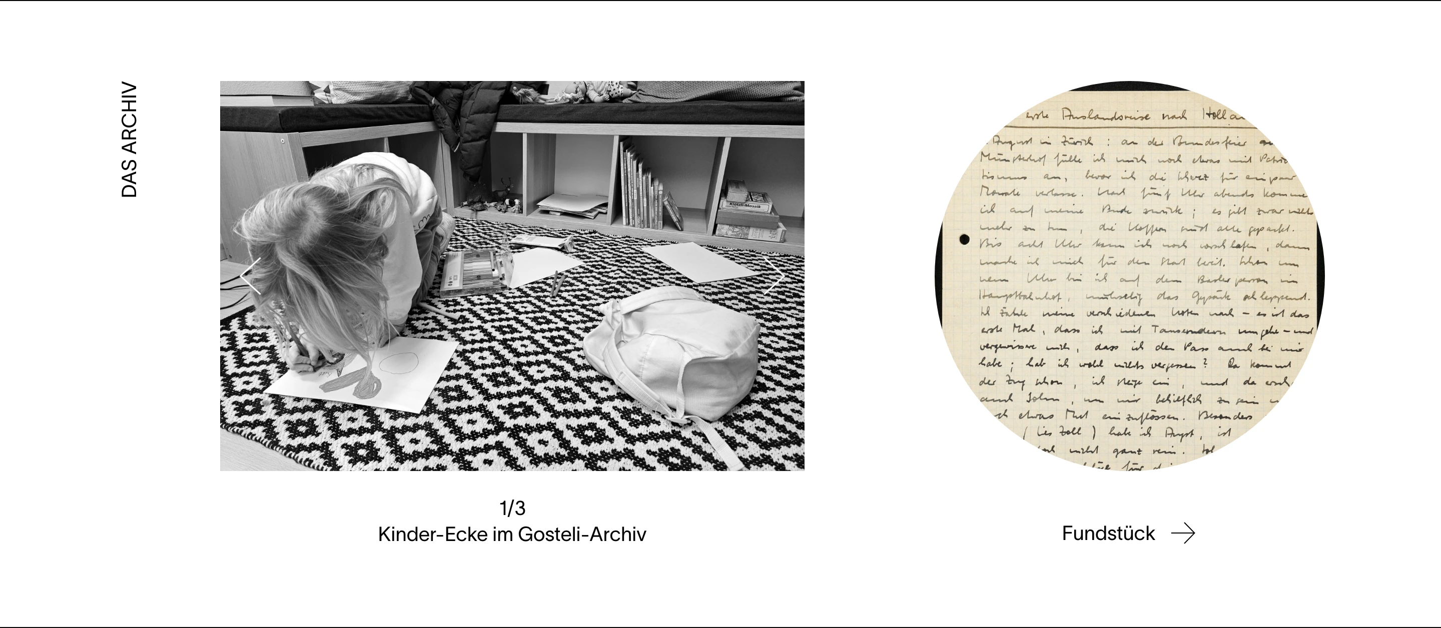 A restrained archival showcase pairing a monochromatic photo slider with a circular document crop alongside vertical Swiss typography.
