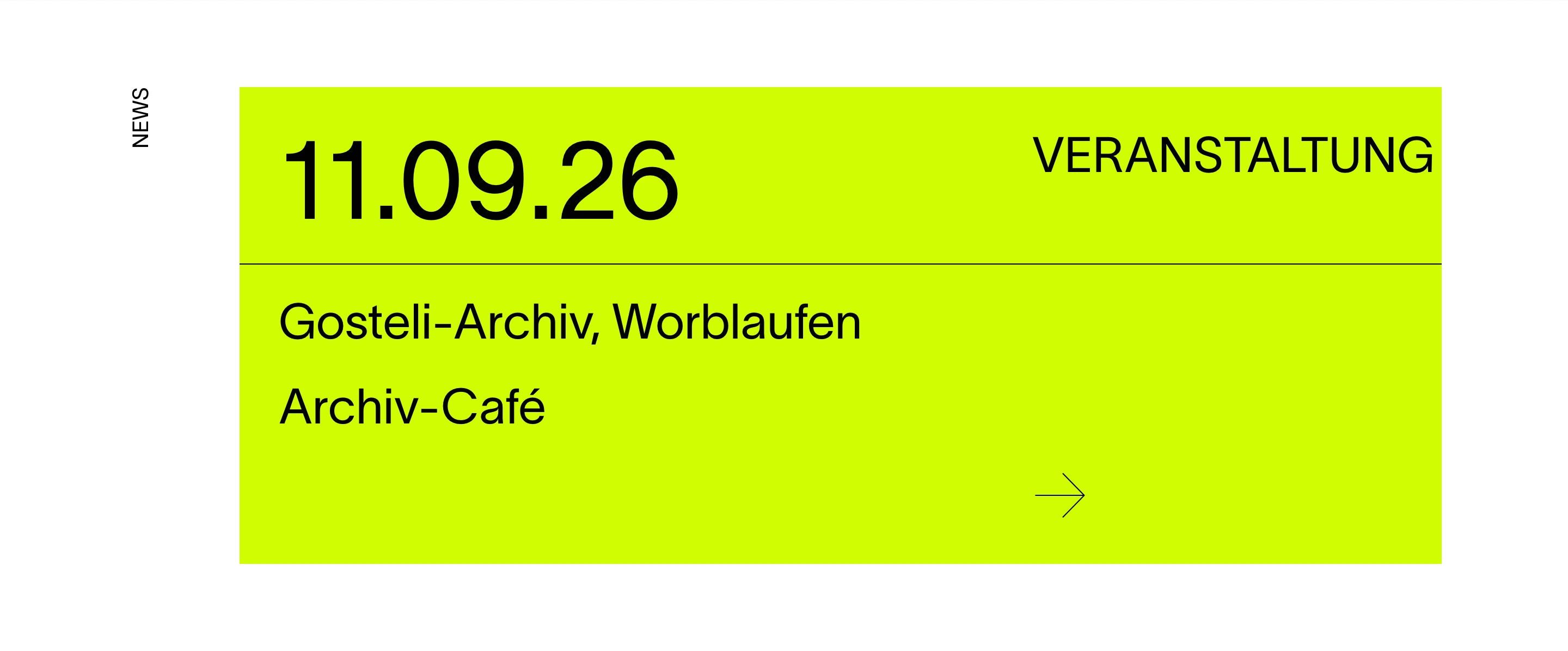 An electric chartreuse event card with sharp modernist typography and disciplined Swiss-style horizontal divisions.