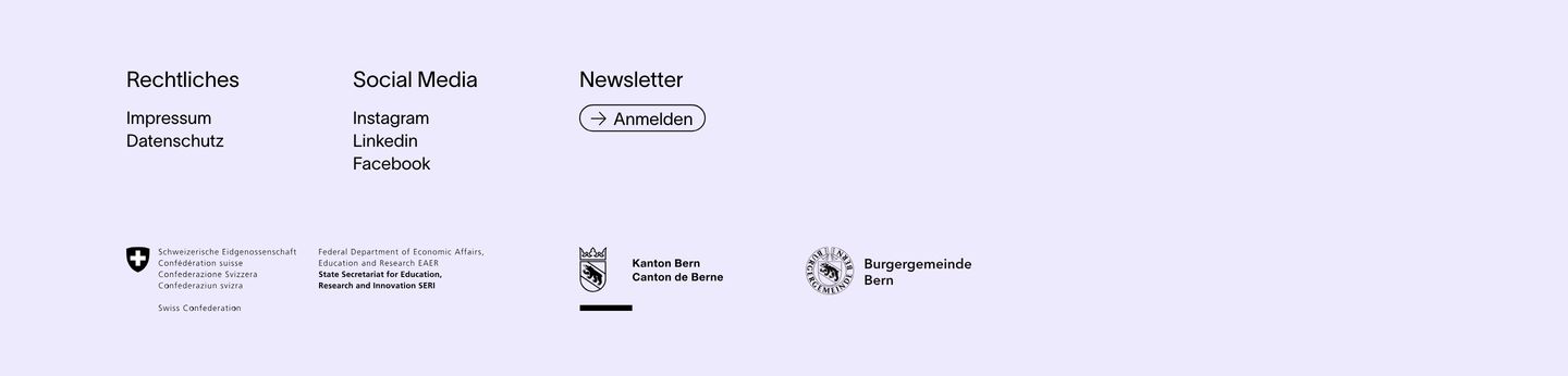 A quiet, structured Swiss footer set on soft lilac with refined grotesque typography and understated institutional logos.